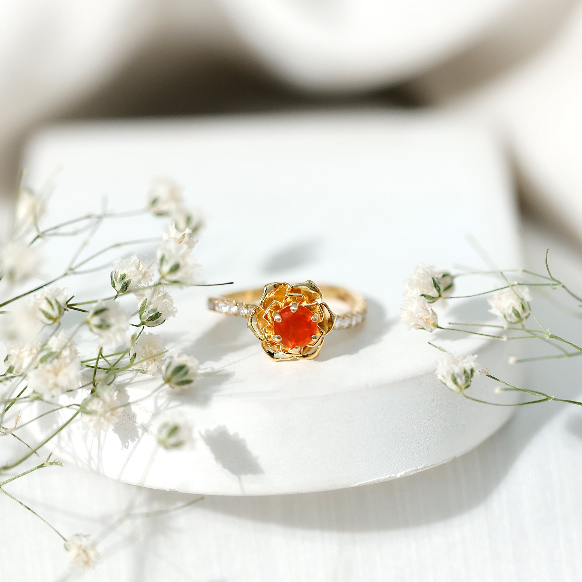 0.45 Carat Fire Opal Flower Engagement Ring with Diamond AAA - Rosec Jewels