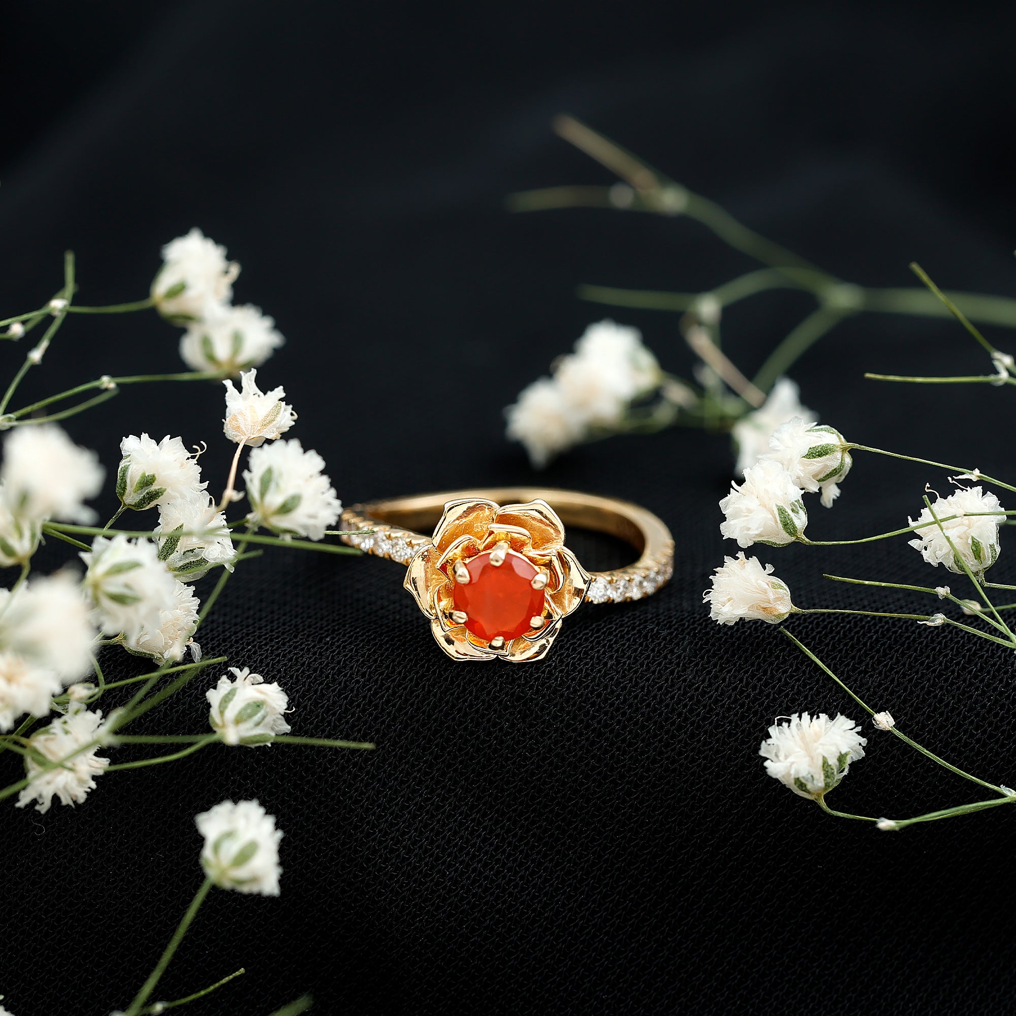 0.45 Carat Fire Opal Flower Engagement Ring with Diamond AAA - Rosec Jewels