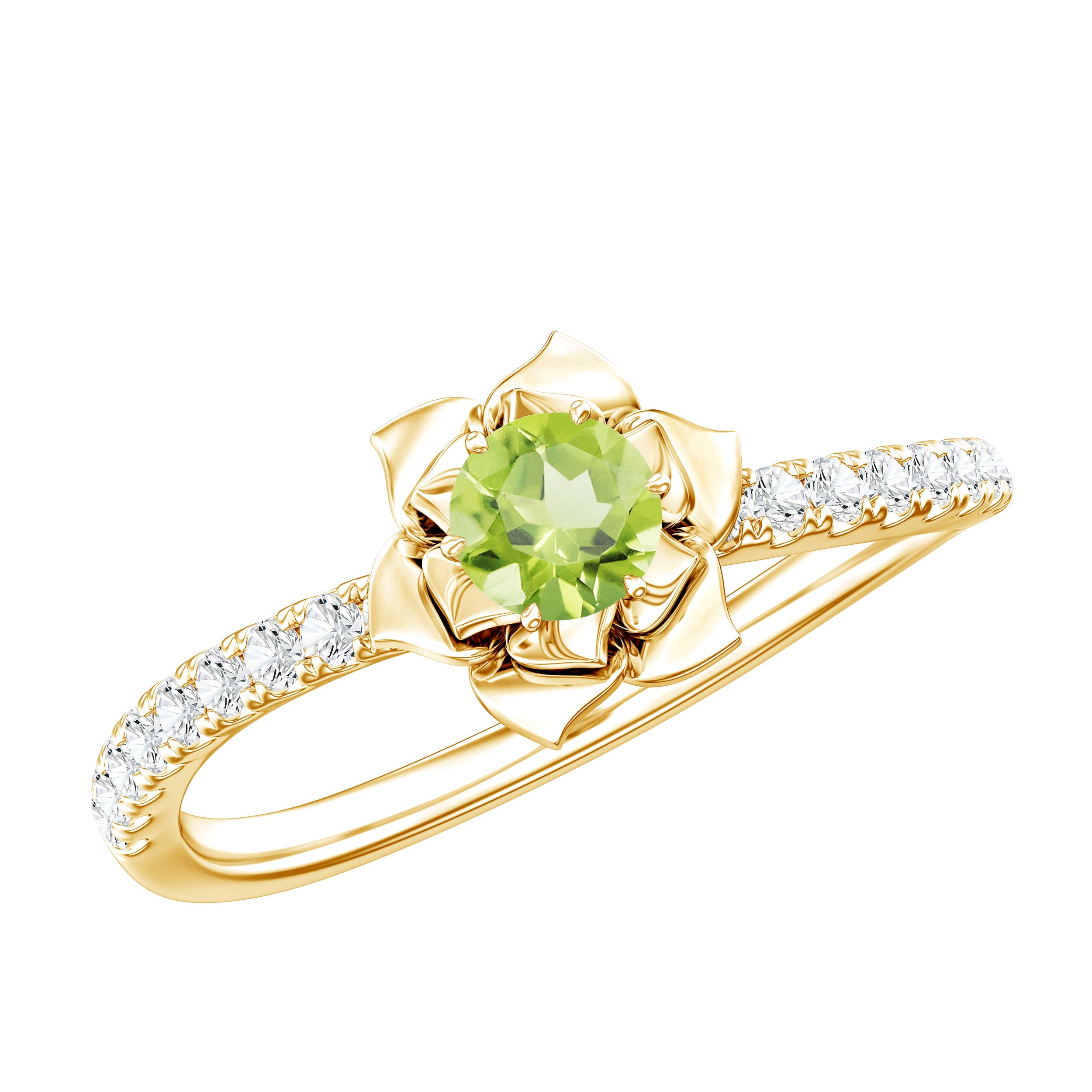 Nature Inspired Half Carat Peridot Flower Engagement Ring with Diamond AAA - Rosec Jewels