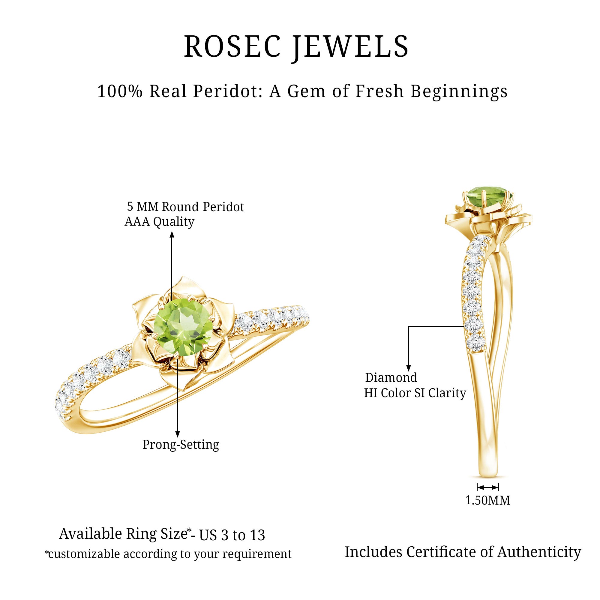 Nature Inspired Half Carat Peridot Flower Engagement Ring with Diamond AAA - Rosec Jewels