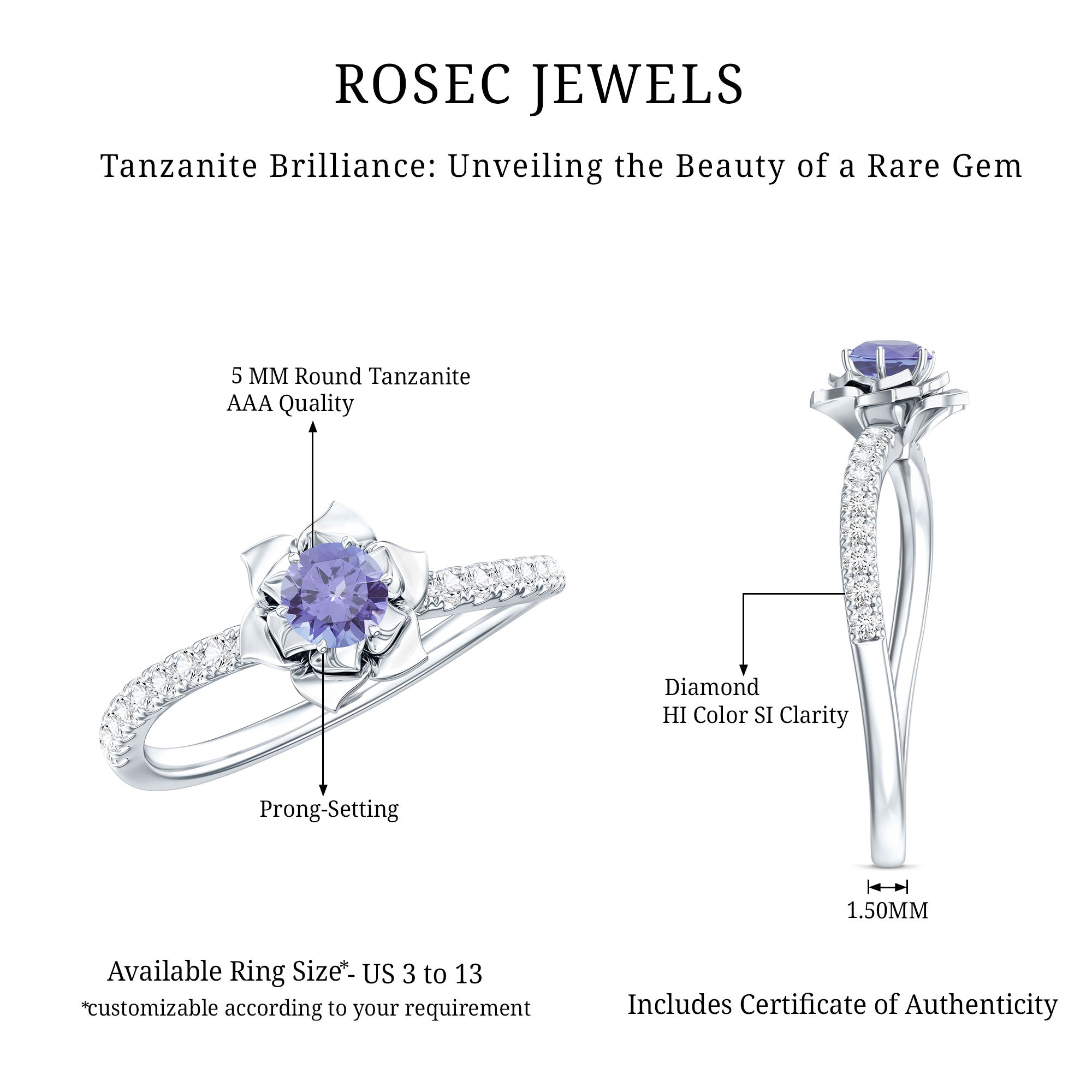 Genuine Tanzanite Rose Flower Engagement Ring with Diamond Curved Shank AAA - Rosec Jewels