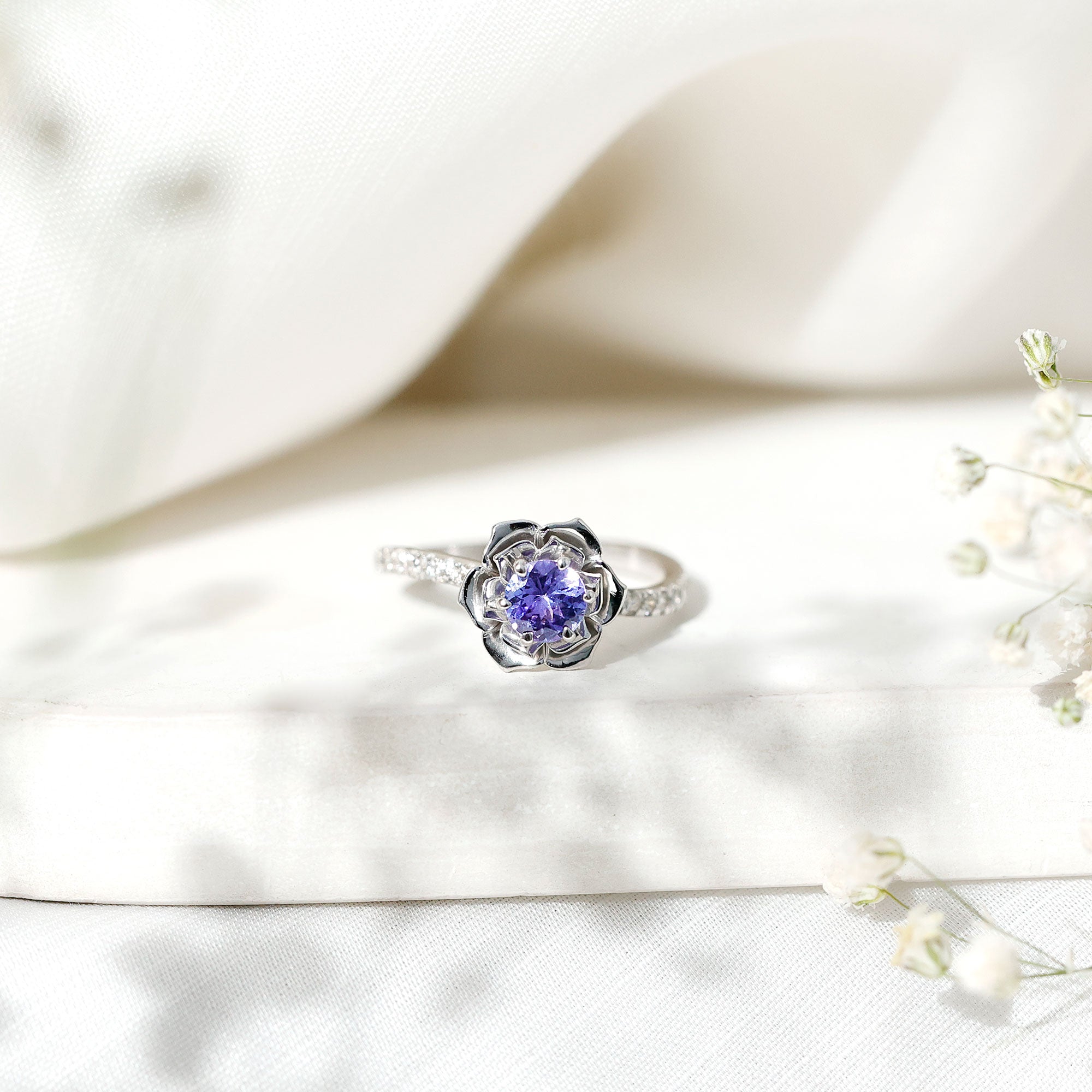 Genuine Tanzanite Rose Flower Engagement Ring with Diamond Curved Shank AAA - Rosec Jewels