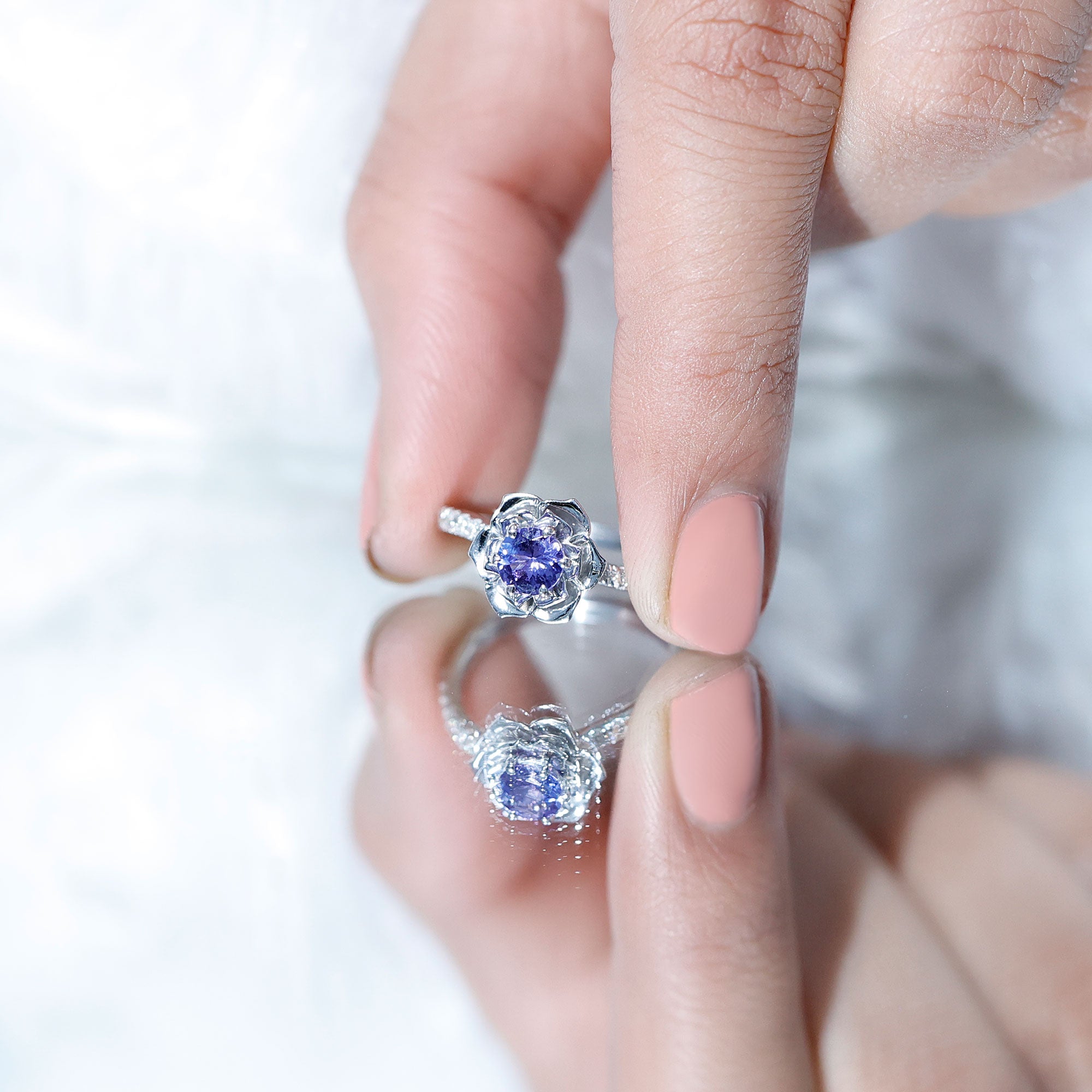 Genuine Tanzanite Rose Flower Engagement Ring with Diamond Curved Shank AAA - Rosec Jewels