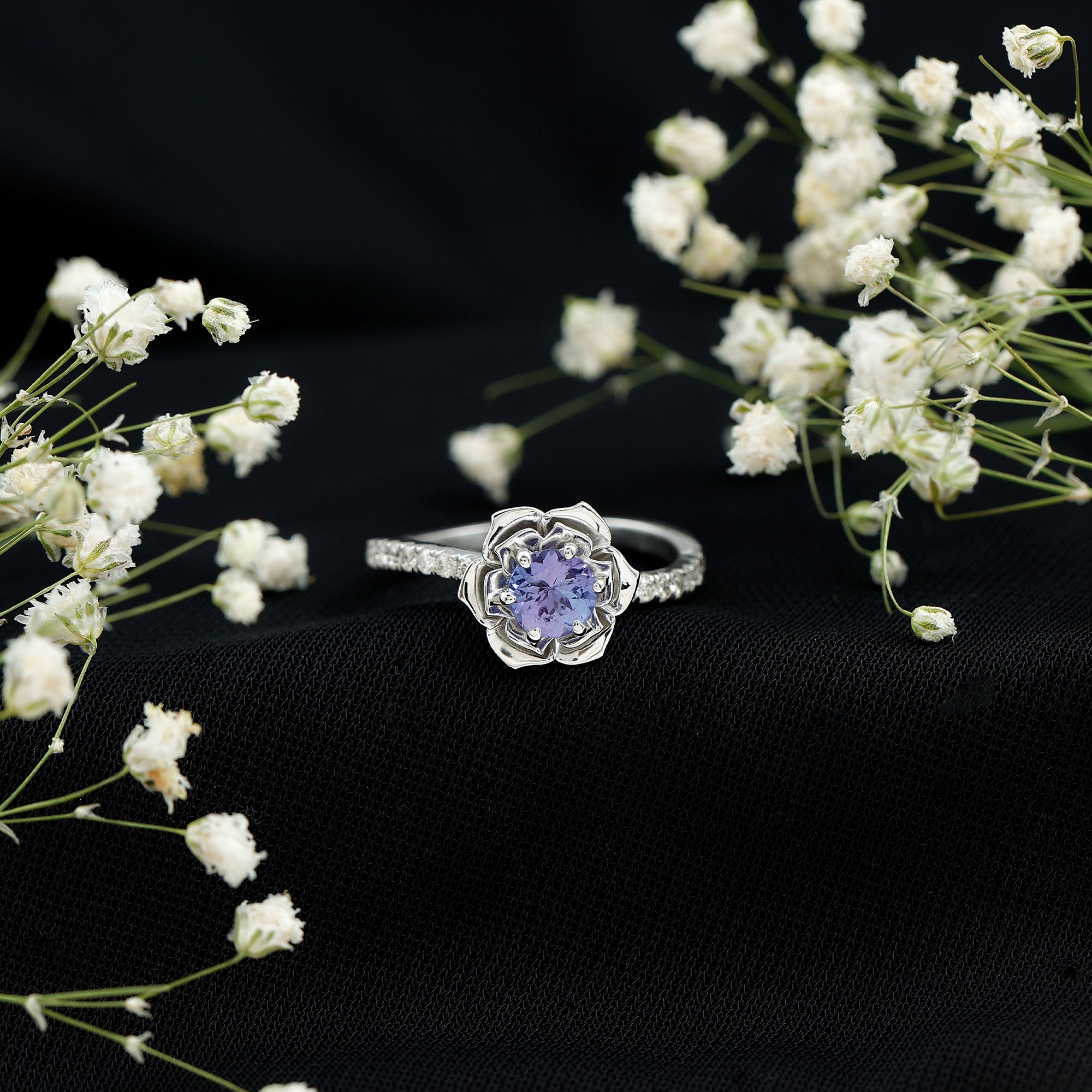 Genuine Tanzanite Rose Flower Engagement Ring with Diamond Curved Shank AAA - Rosec Jewels
