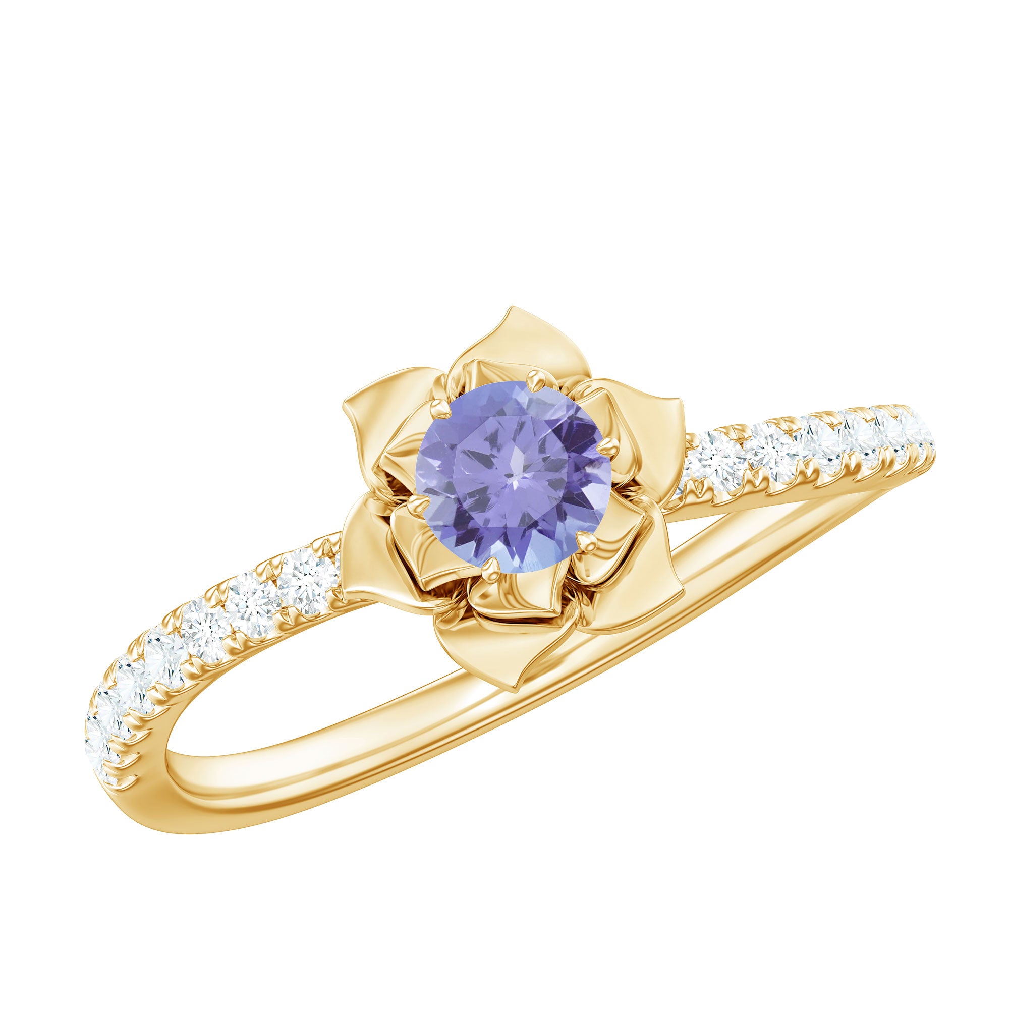 Genuine Tanzanite Rose Flower Engagement Ring with Diamond Curved Shank AAA - Rosec Jewels