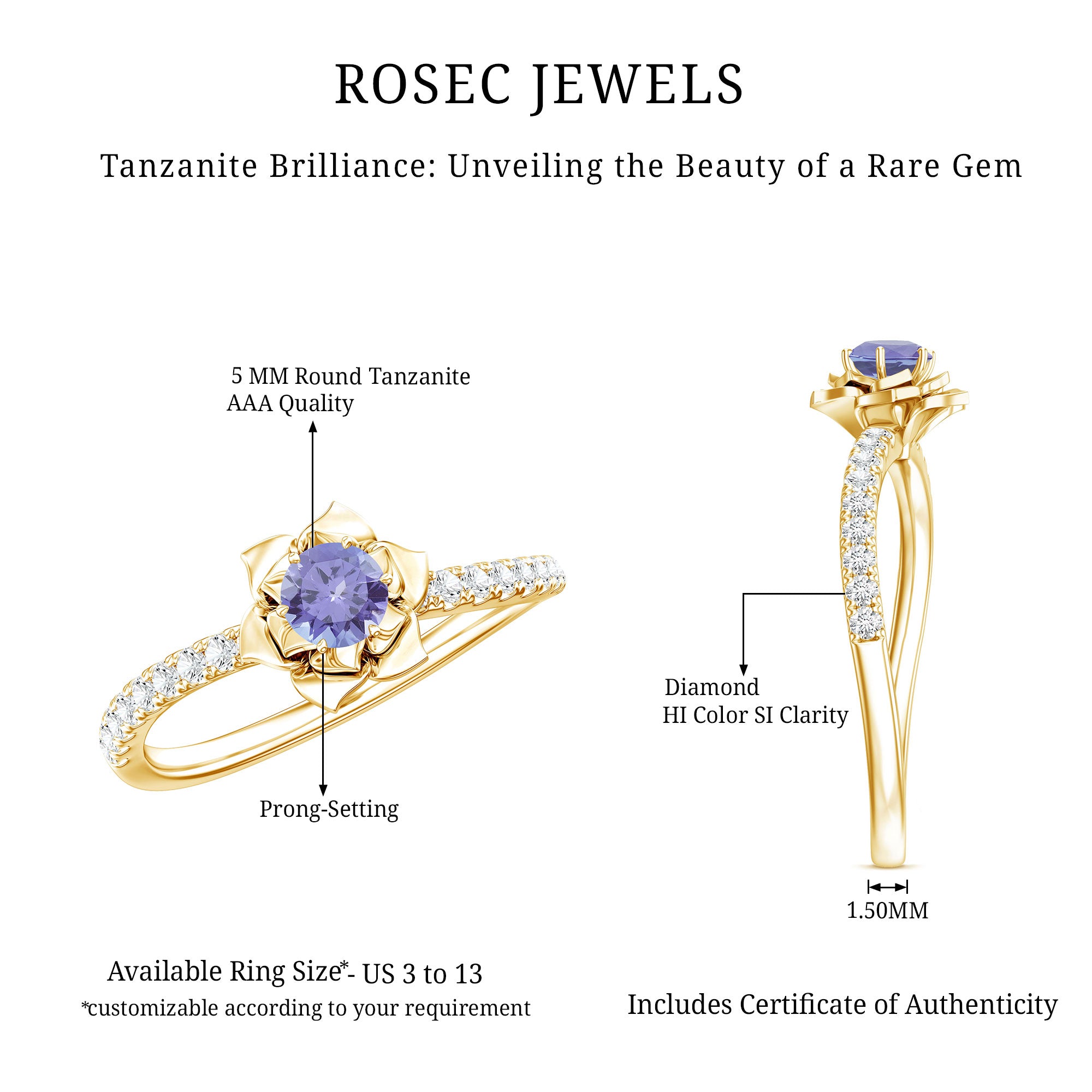 Genuine Tanzanite Rose Flower Engagement Ring with Diamond Curved Shank AAA - Rosec Jewels