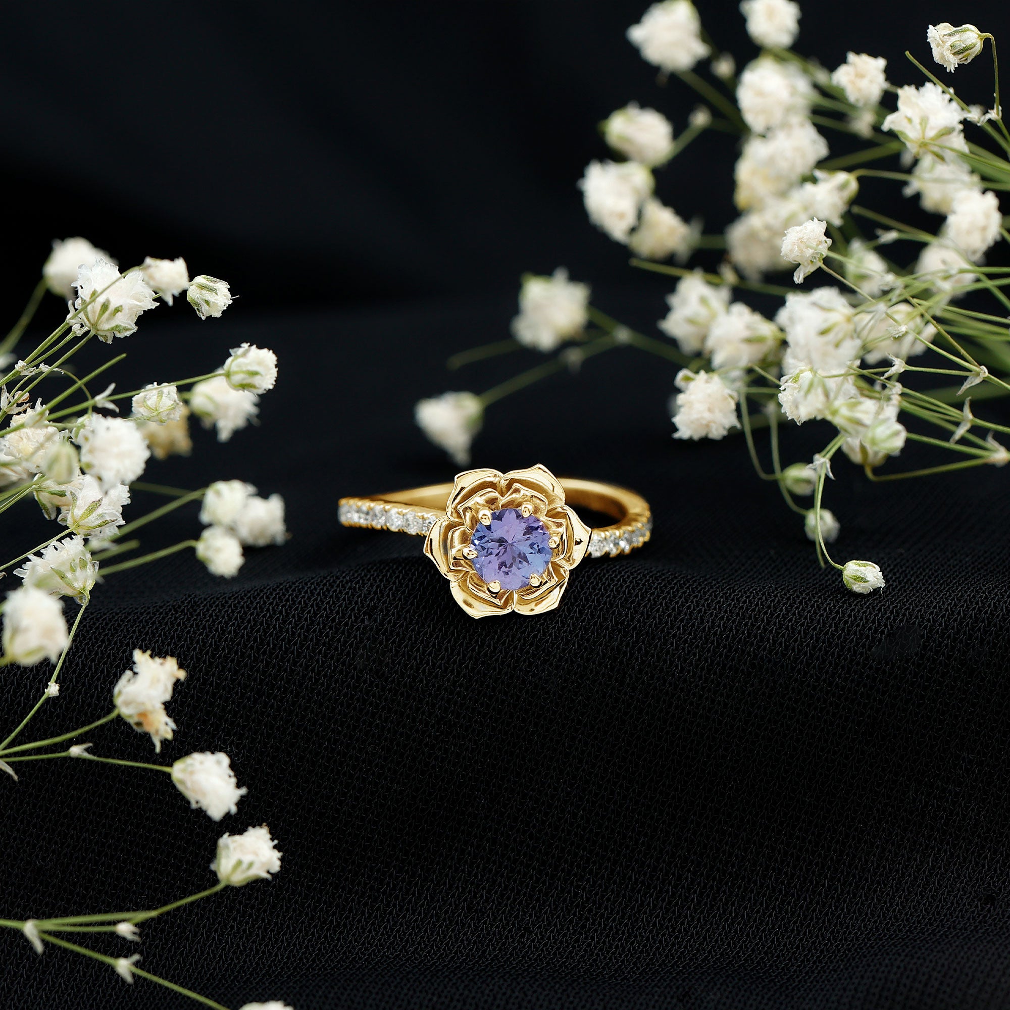 Genuine Tanzanite Rose Flower Engagement Ring with Diamond Curved Shank AAA - Rosec Jewels