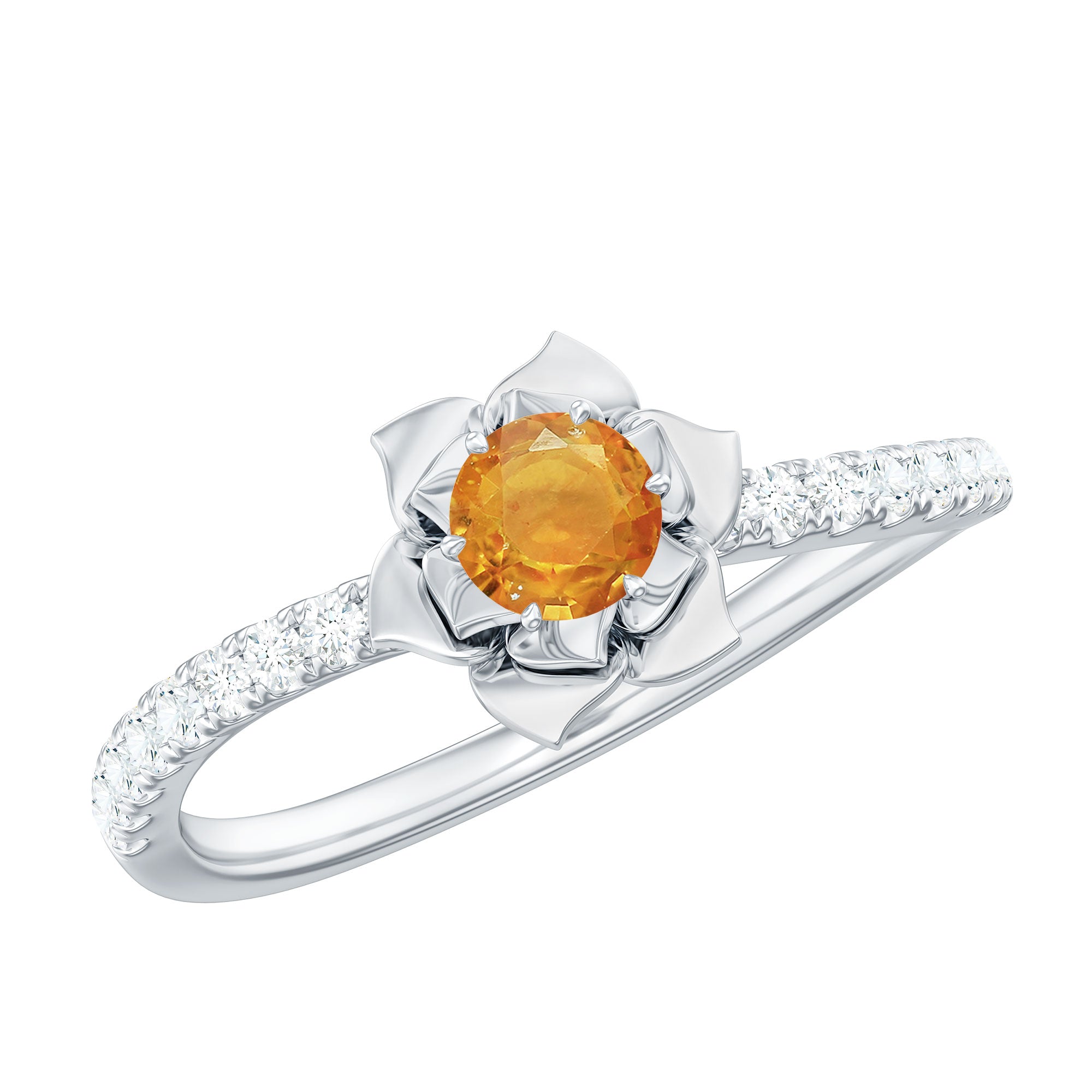 Orange Sapphire and Diamond Flower Engagement Ring