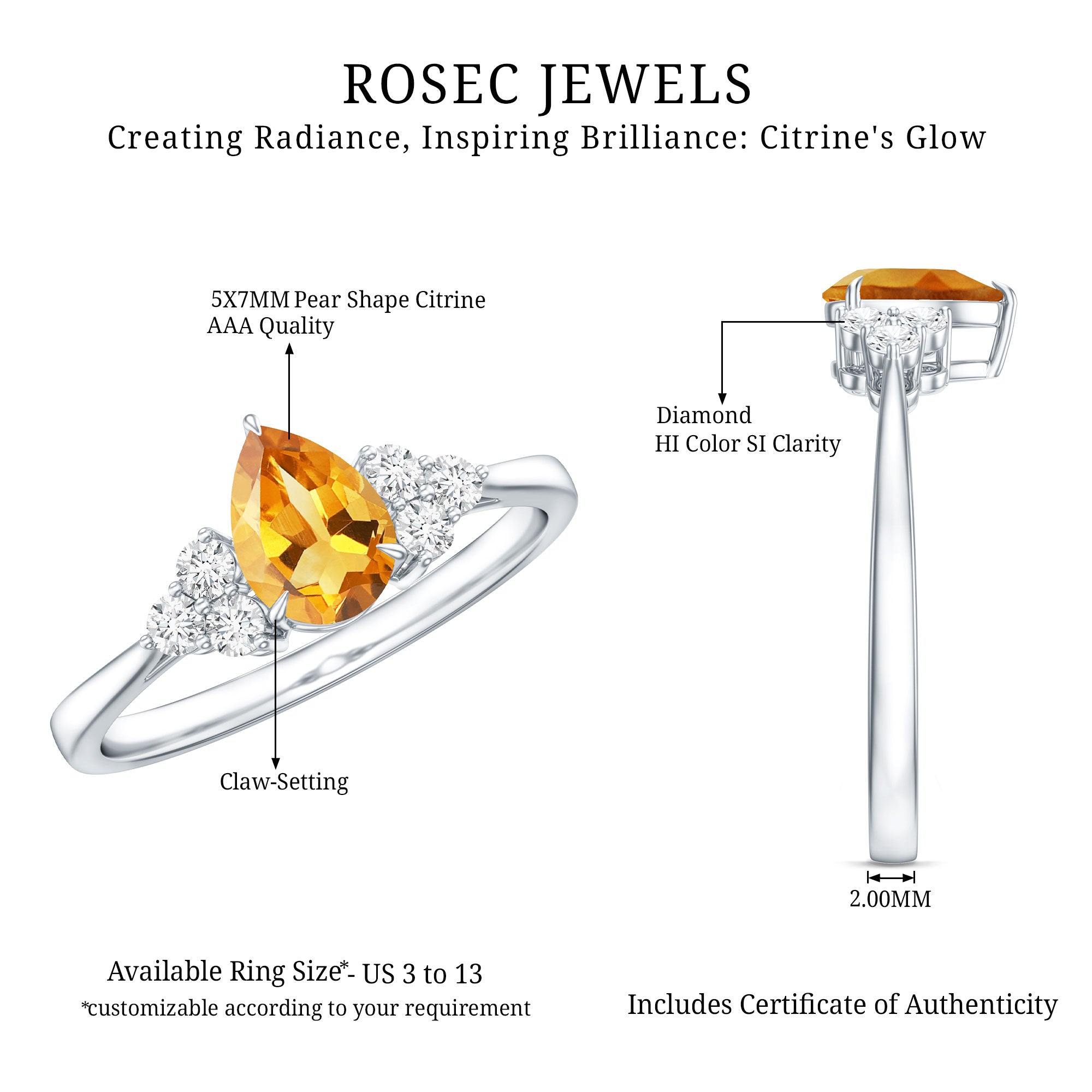 Classic Citrine Teardrop Engagement Ring with Diamond Trio AAA - Rosec Jewels