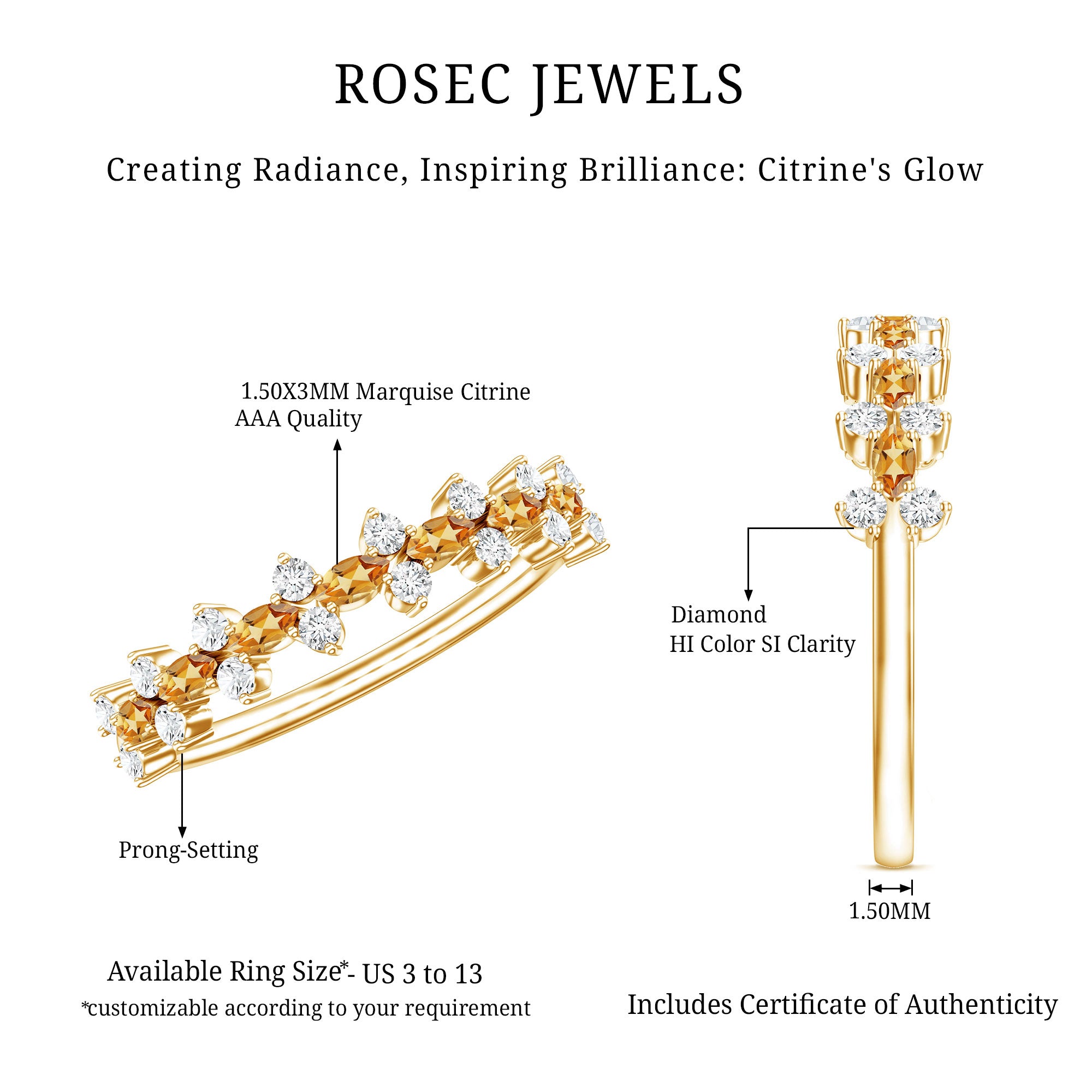 Natural Citrine Diamond Half Eternity Ring with Certificate AAA - Rosec Jewels