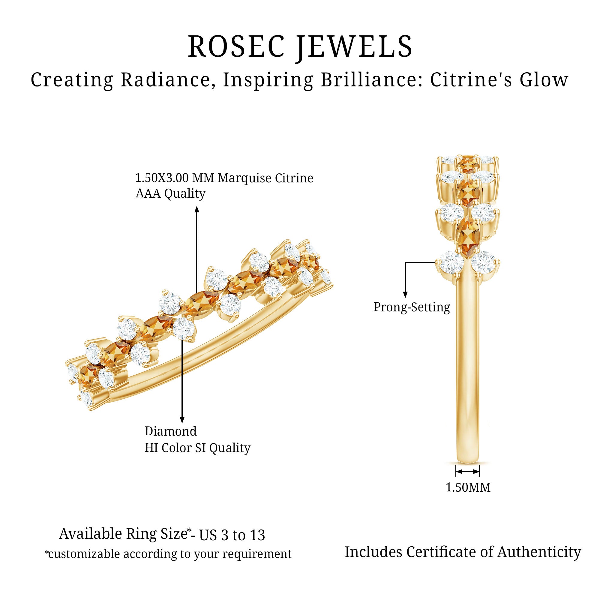 Natural Citrine Diamond Half Eternity Ring with Certificate AAA - Rosec Jewels