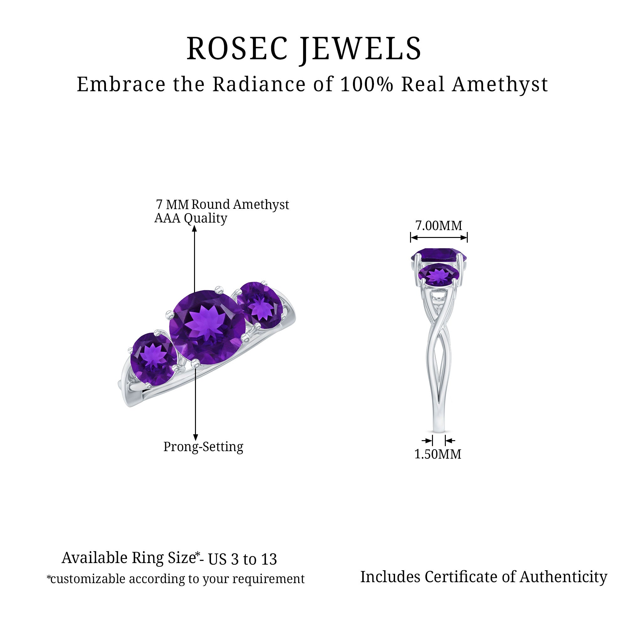 Natural Amethyst 3 Stone Engagement Ring for Women AAA - Rosec Jewels