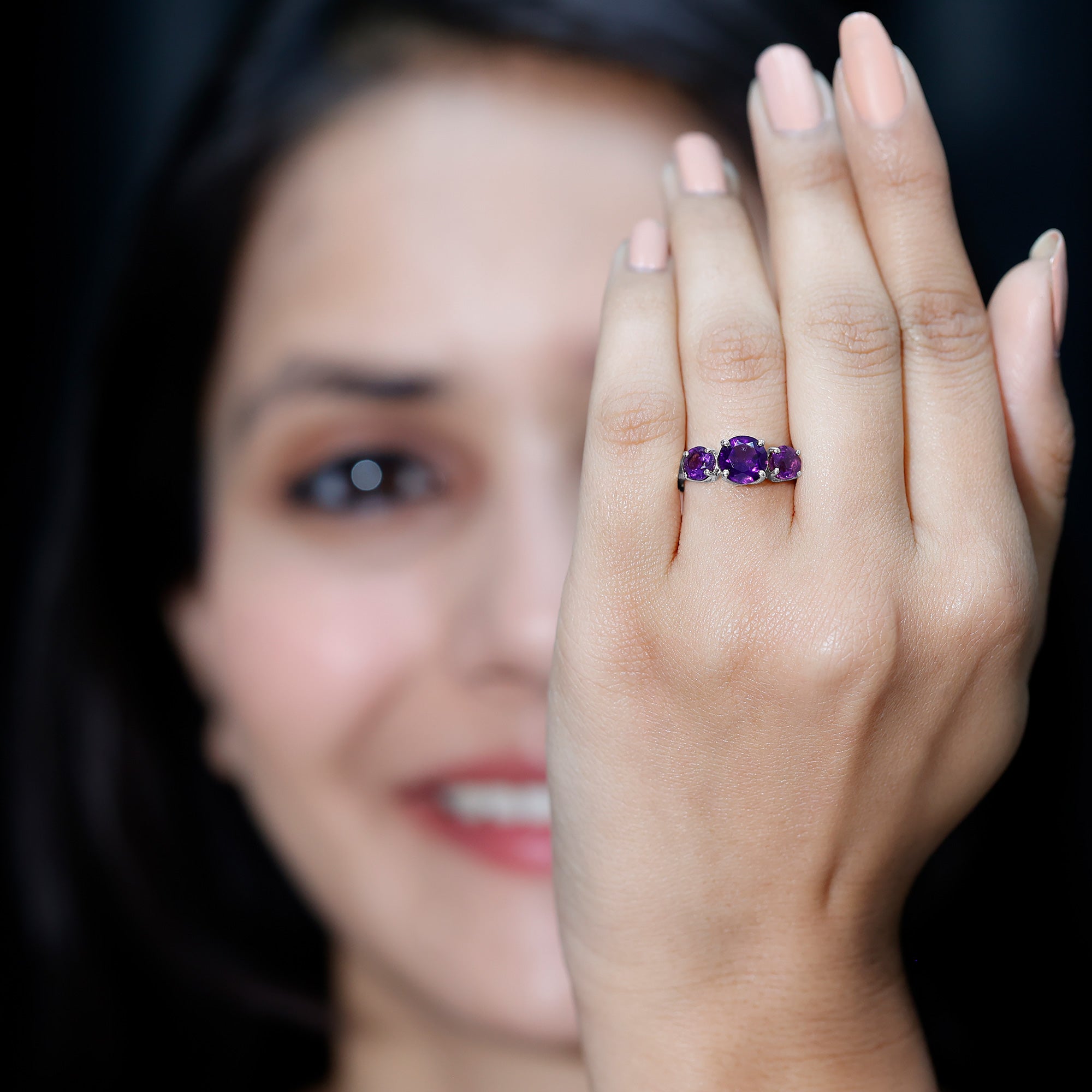 Natural Amethyst 3 Stone Engagement Ring for Women AAA - Rosec Jewels
