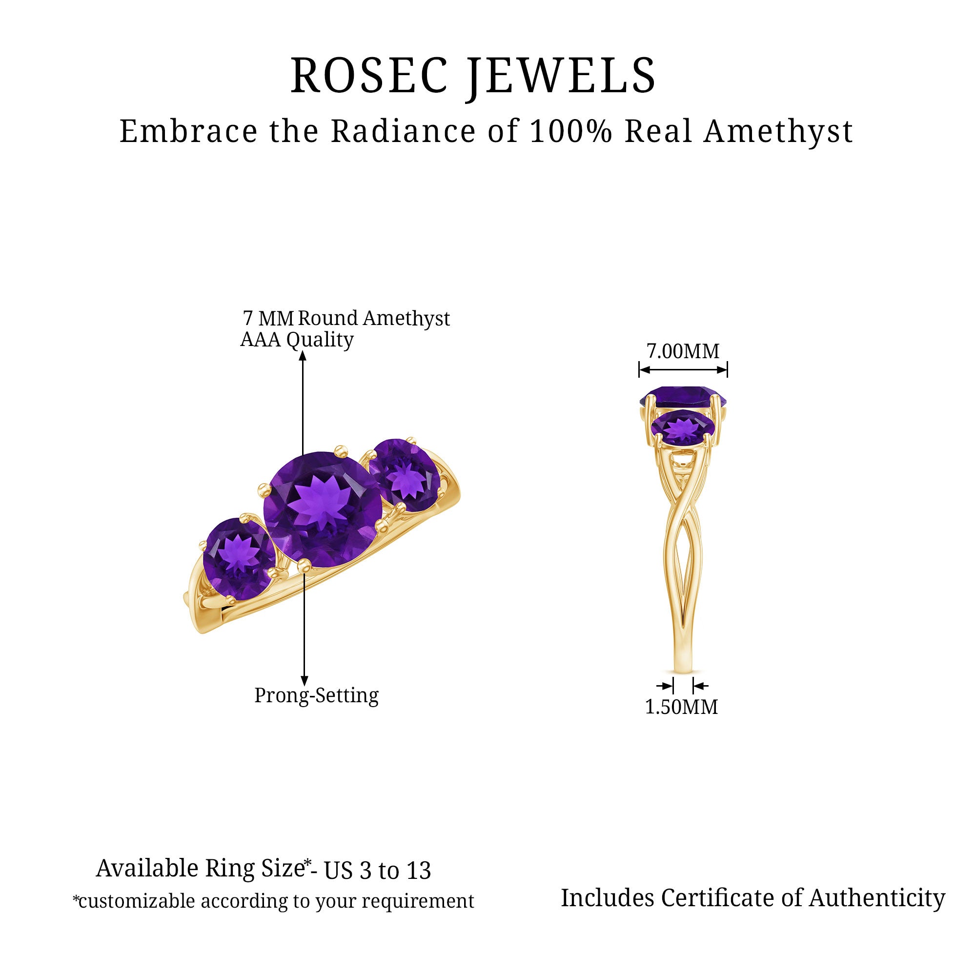 Natural Amethyst 3 Stone Engagement Ring for Women AAA - Rosec Jewels