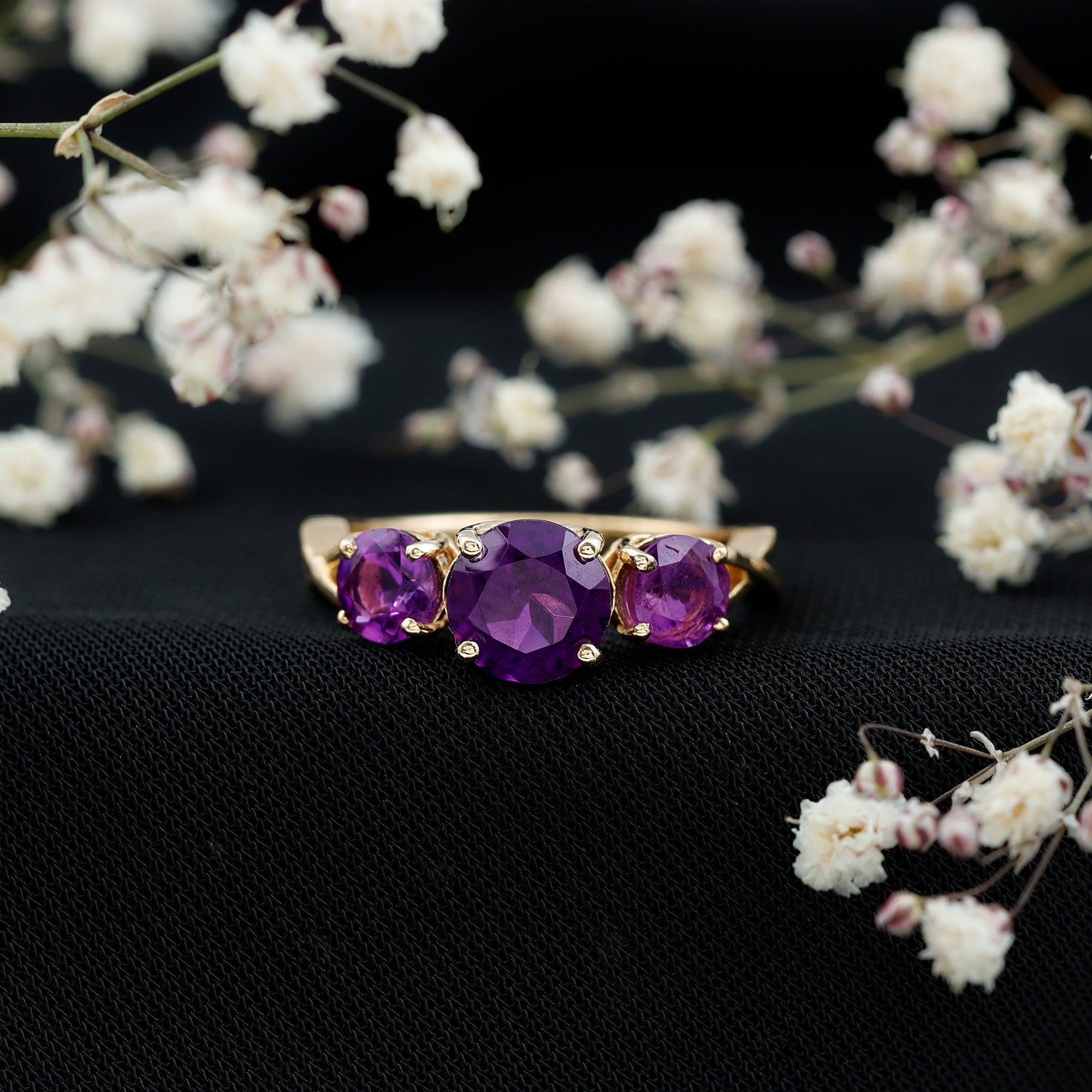 Natural Amethyst 3 Stone Engagement Ring for Women AAA - Rosec Jewels