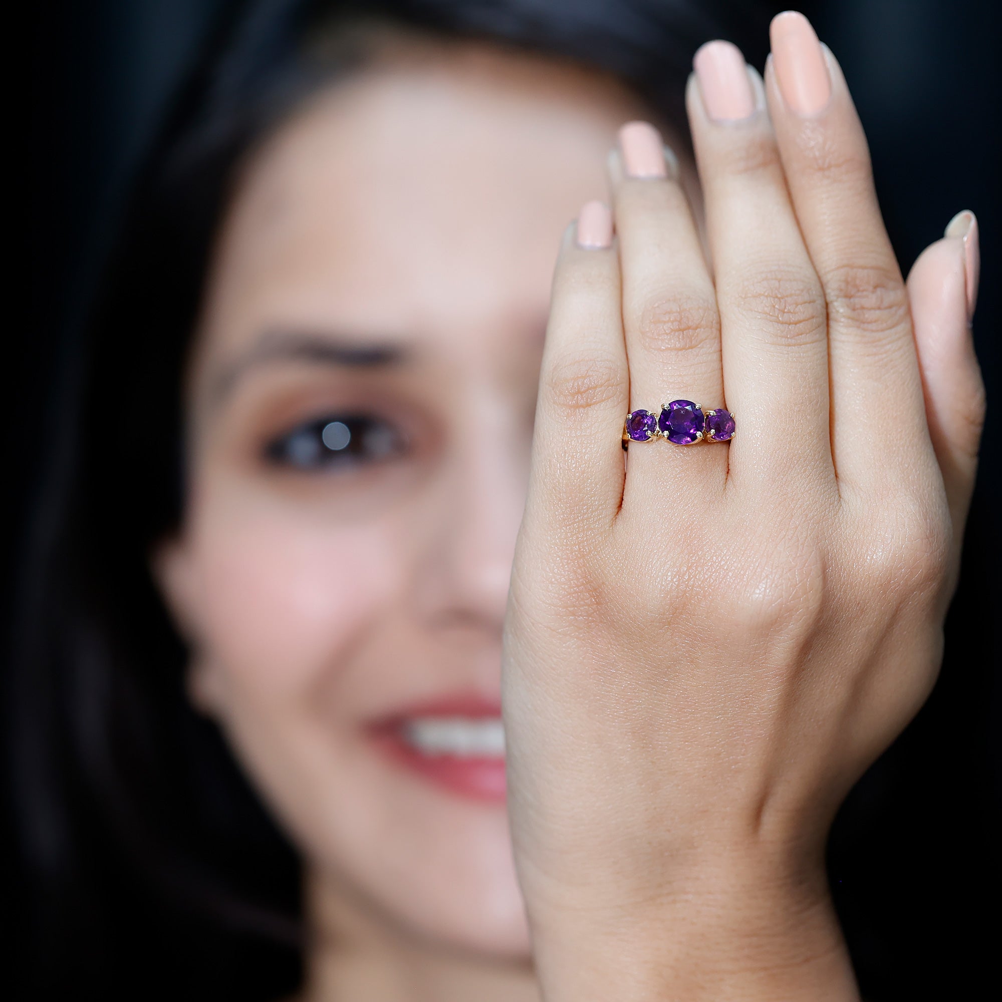 Natural Amethyst 3 Stone Engagement Ring for Women AAA - Rosec Jewels