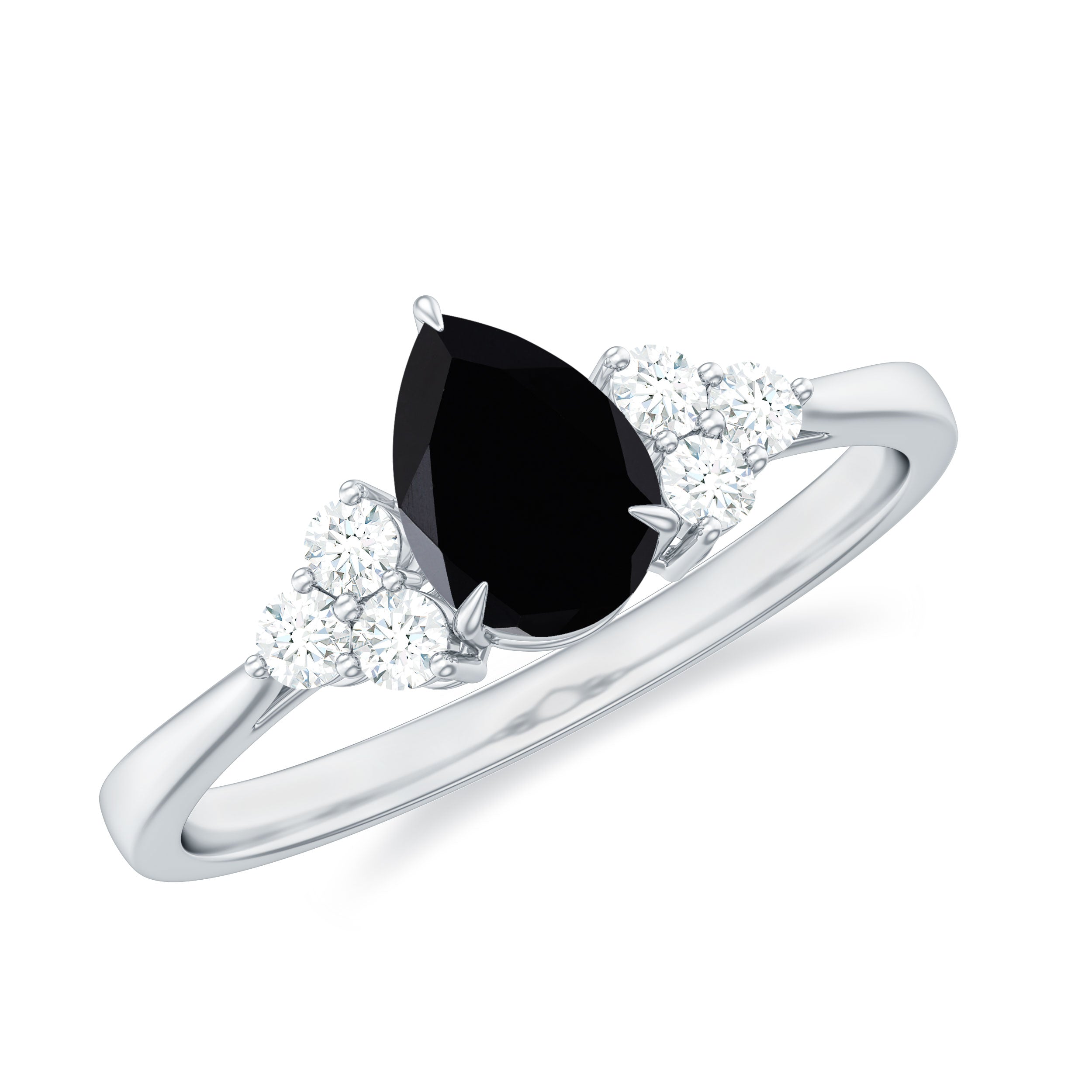 Pear Shaped Black Onyx Engagement Ring with Real Diamond Trio