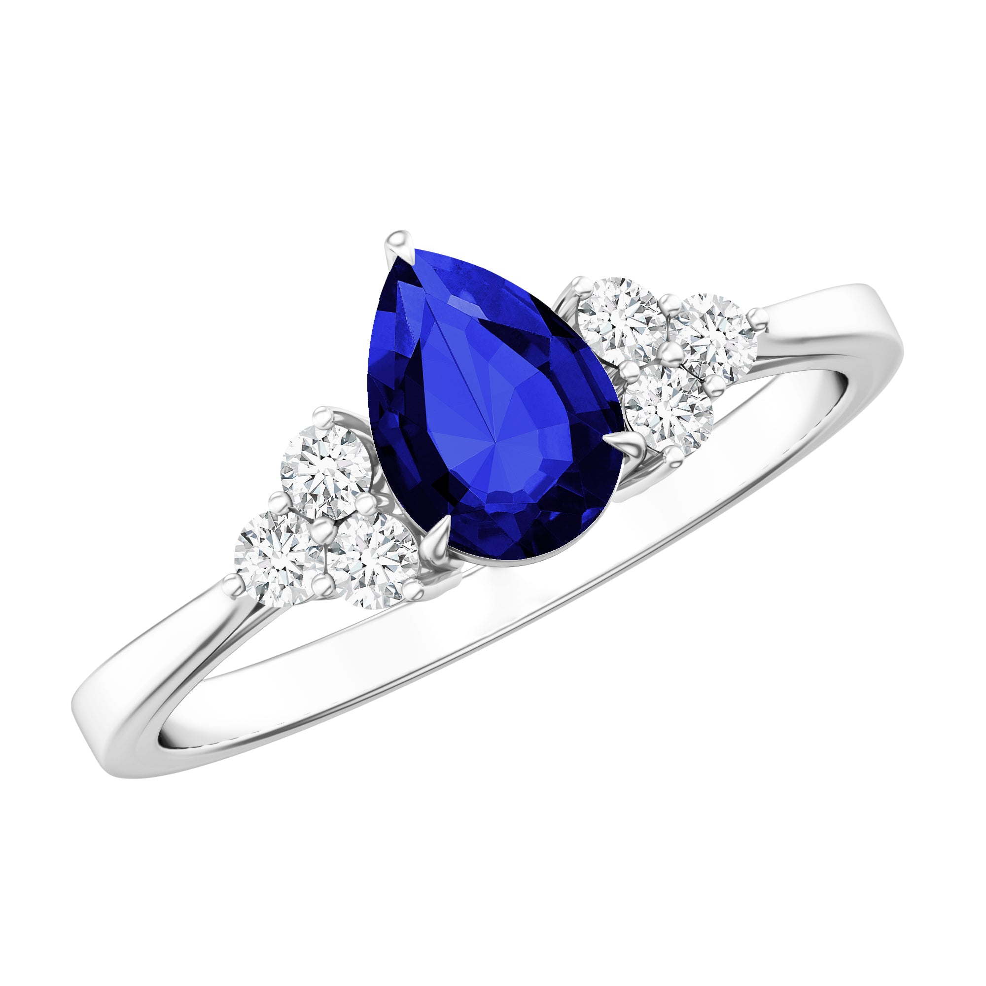 6X8 MM lab Blue Sapphire Teardrop Engagement Ring with Diamond Trio