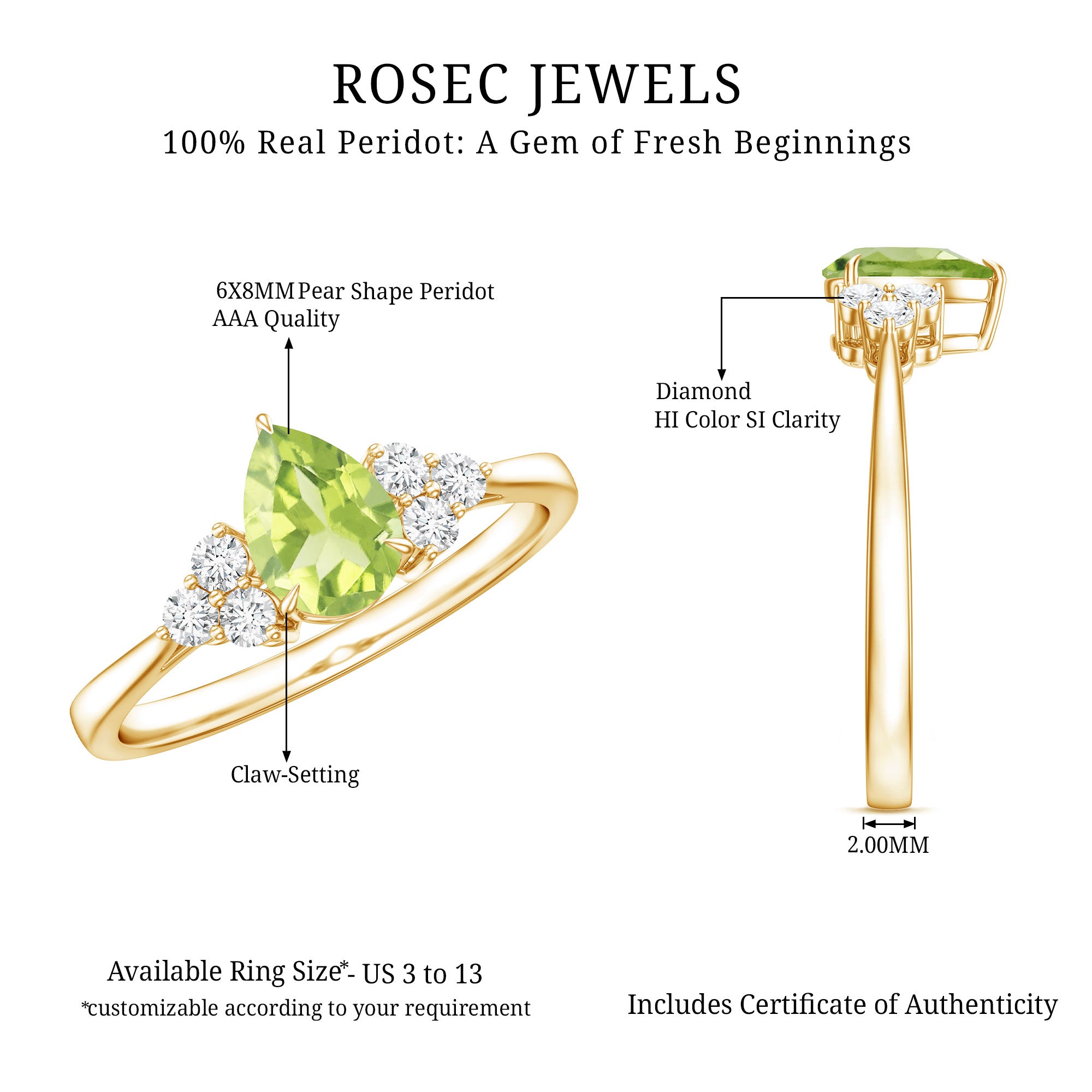 1 Carat Peridot Teardrop Engagement Ring with Diamond Trio AAA - Rosec Jewels