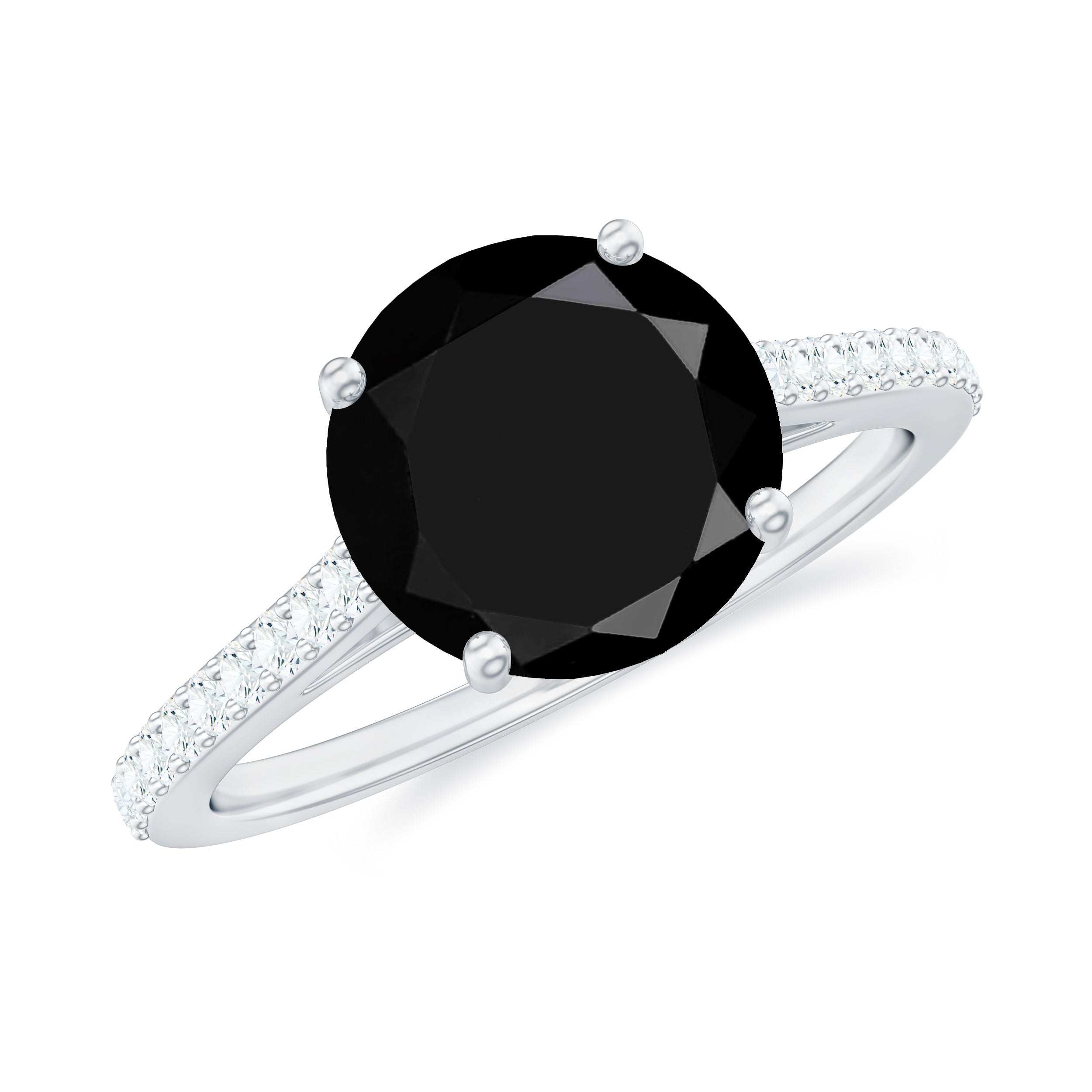 Round Cut Black Onyx Engagement Ring with Diamond Side Stones AAA - Rosec Jewels