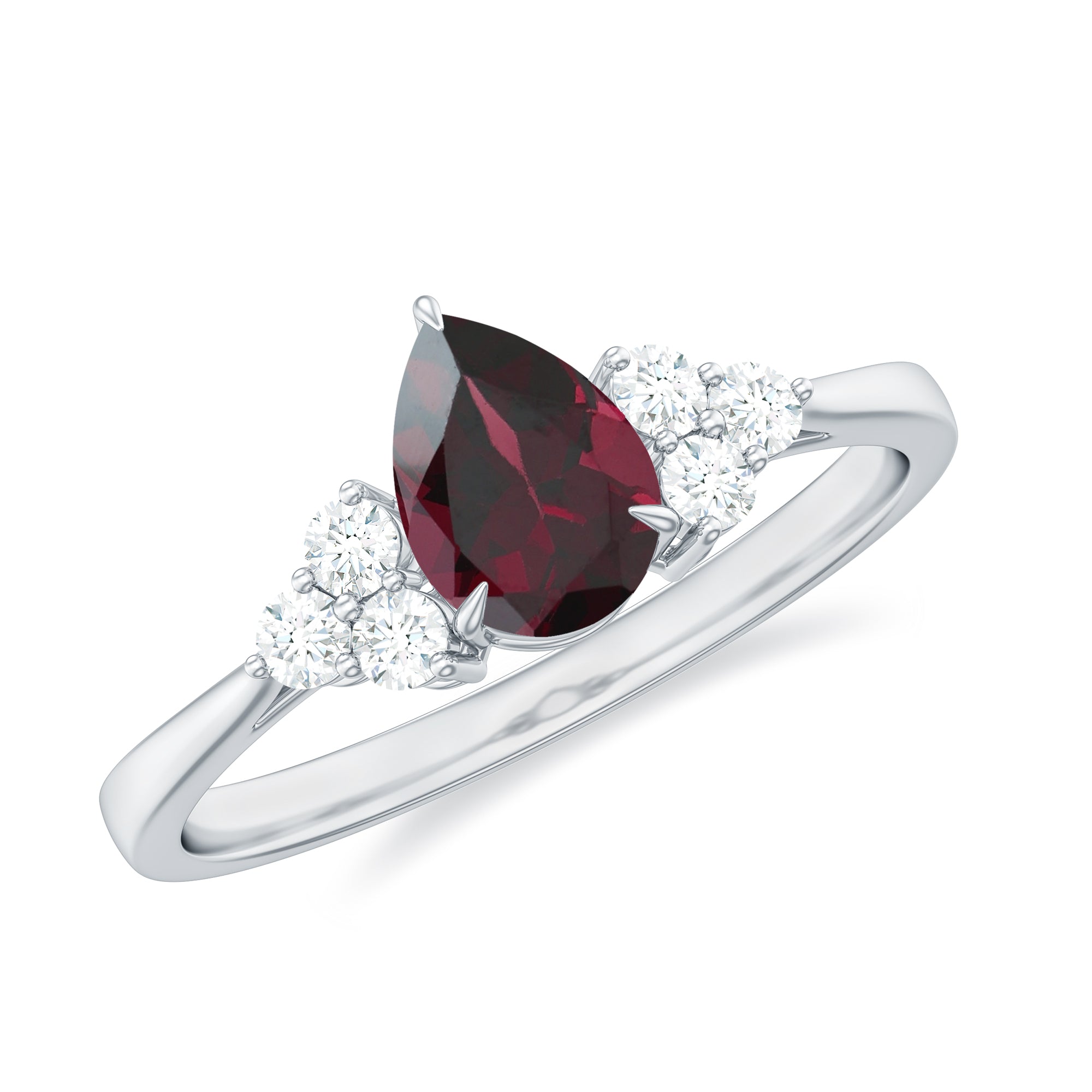Pear Shaped Rhodolite Solitaire Ring with Diamond Trio