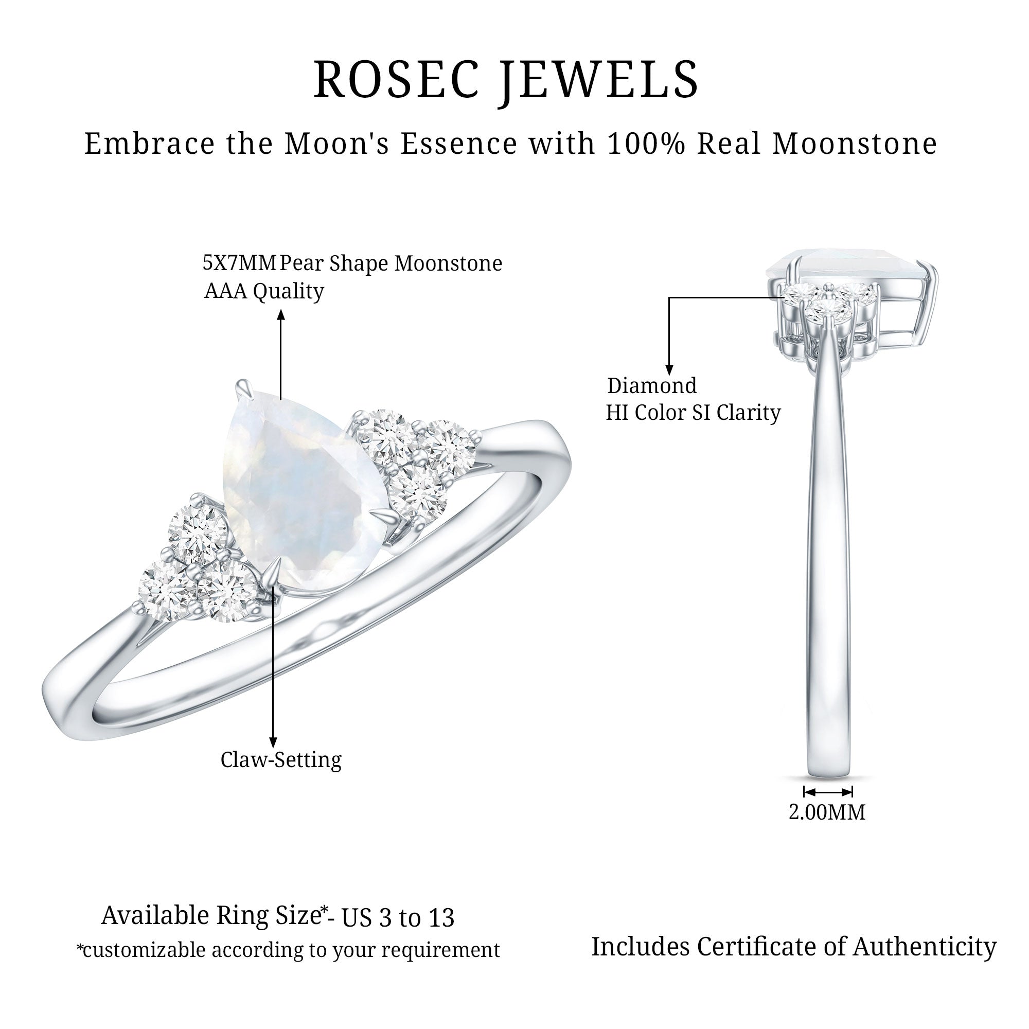 Pear Shape Moonstone Solitaire Ring with Diamond Trio AAA - Rosec Jewels