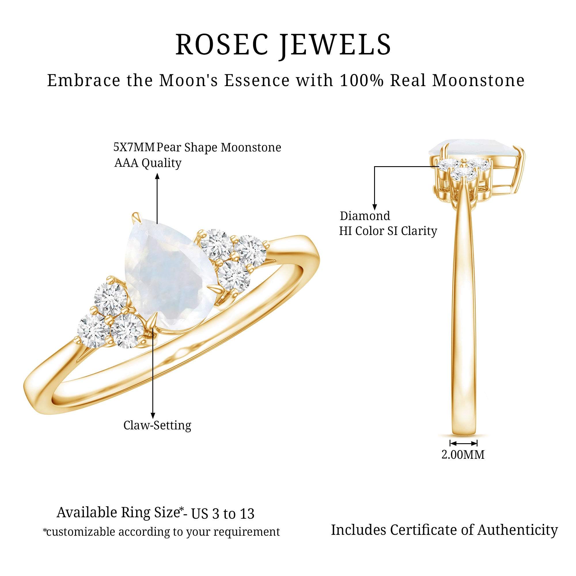 Pear Shape Moonstone Solitaire Ring with Diamond Trio AAA - Rosec Jewels