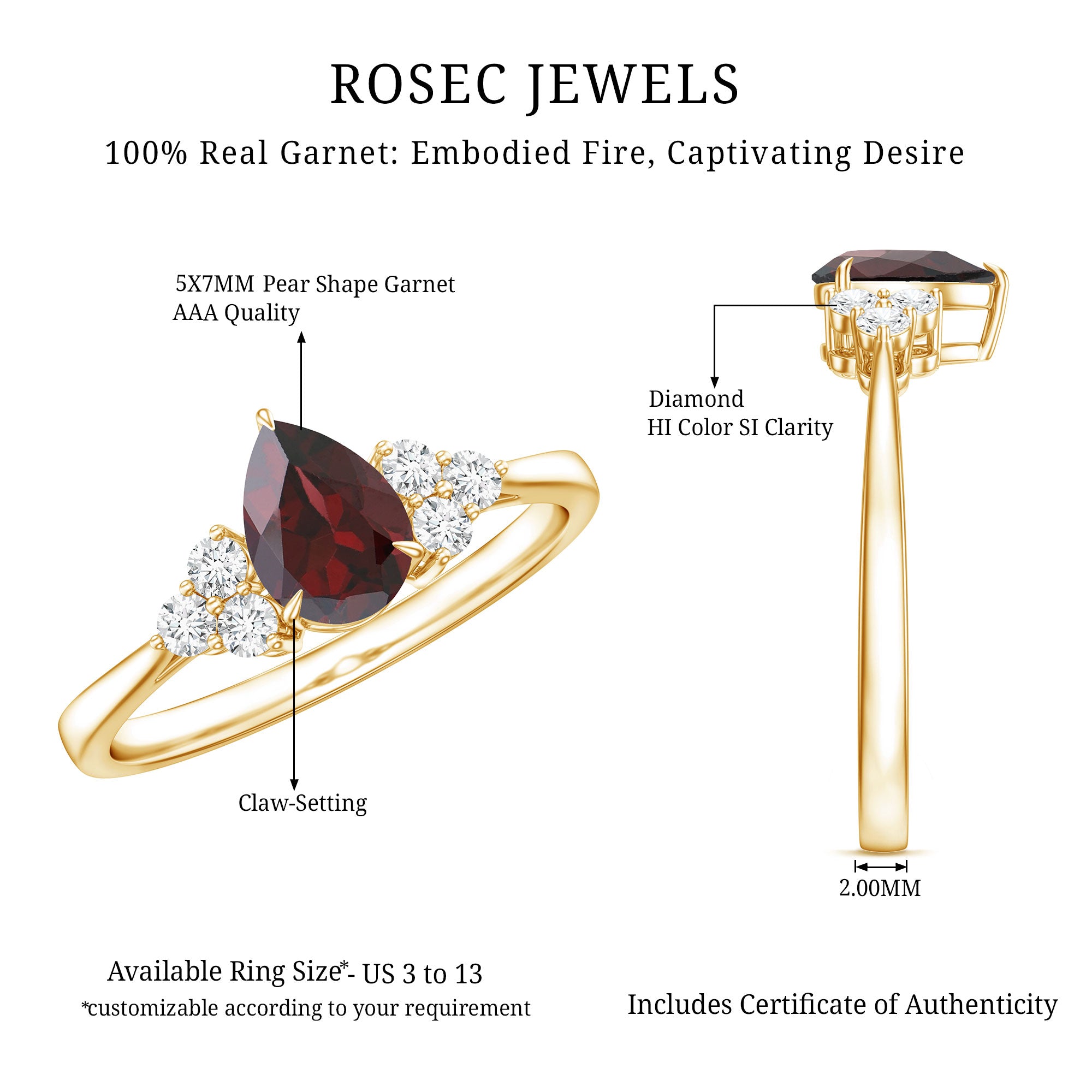 Natural 5X7mm Pear Shape Garnet Engagement Ring with Diamond AAA - Rosec Jewels