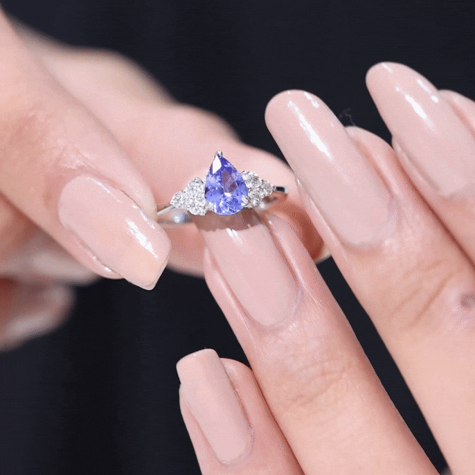 Pear Shaped Tanzanite Solitaire Ring with Diamond Trio AAA - Rosec Jewels