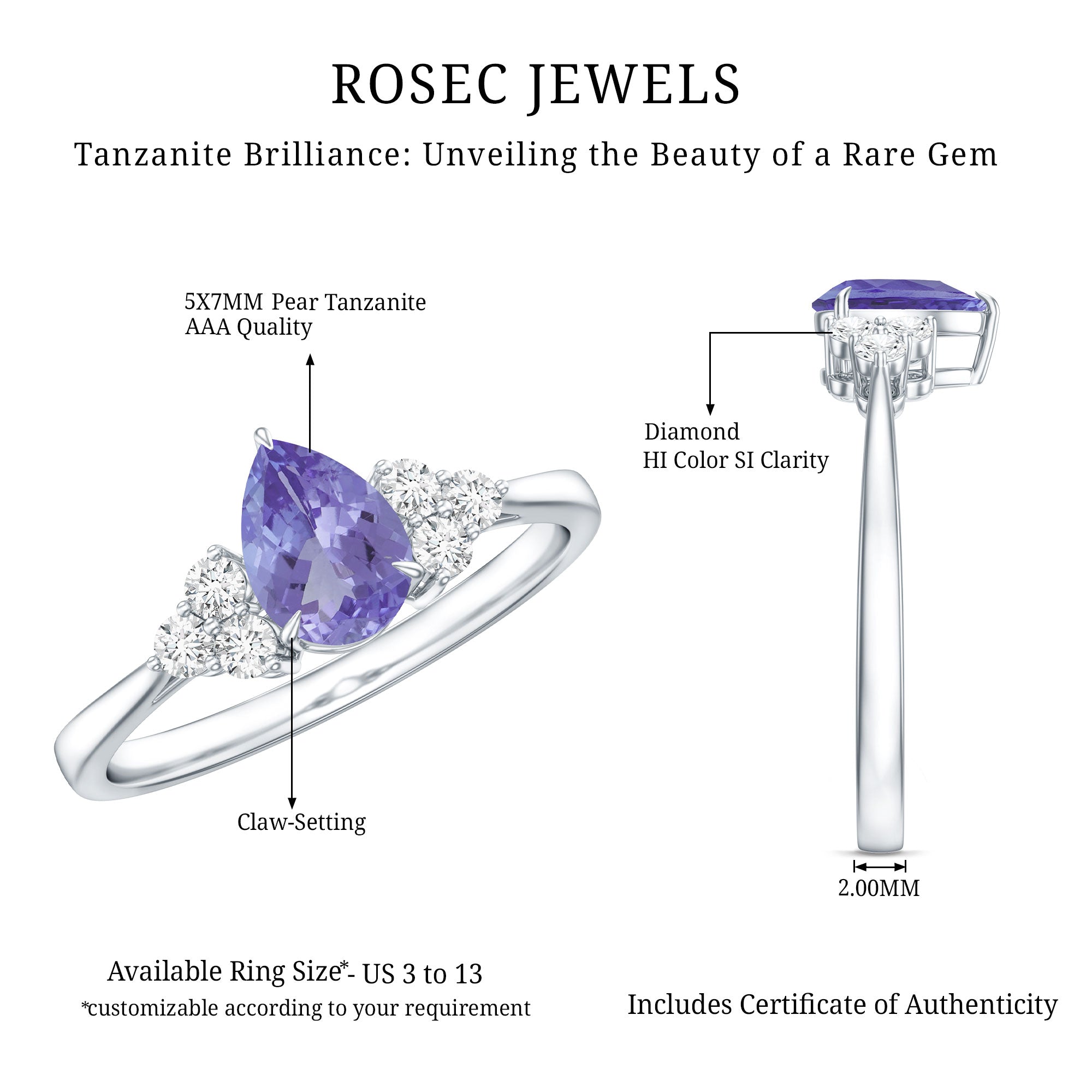 Pear Shaped Tanzanite Solitaire Ring with Diamond Trio AAA - Rosec Jewels