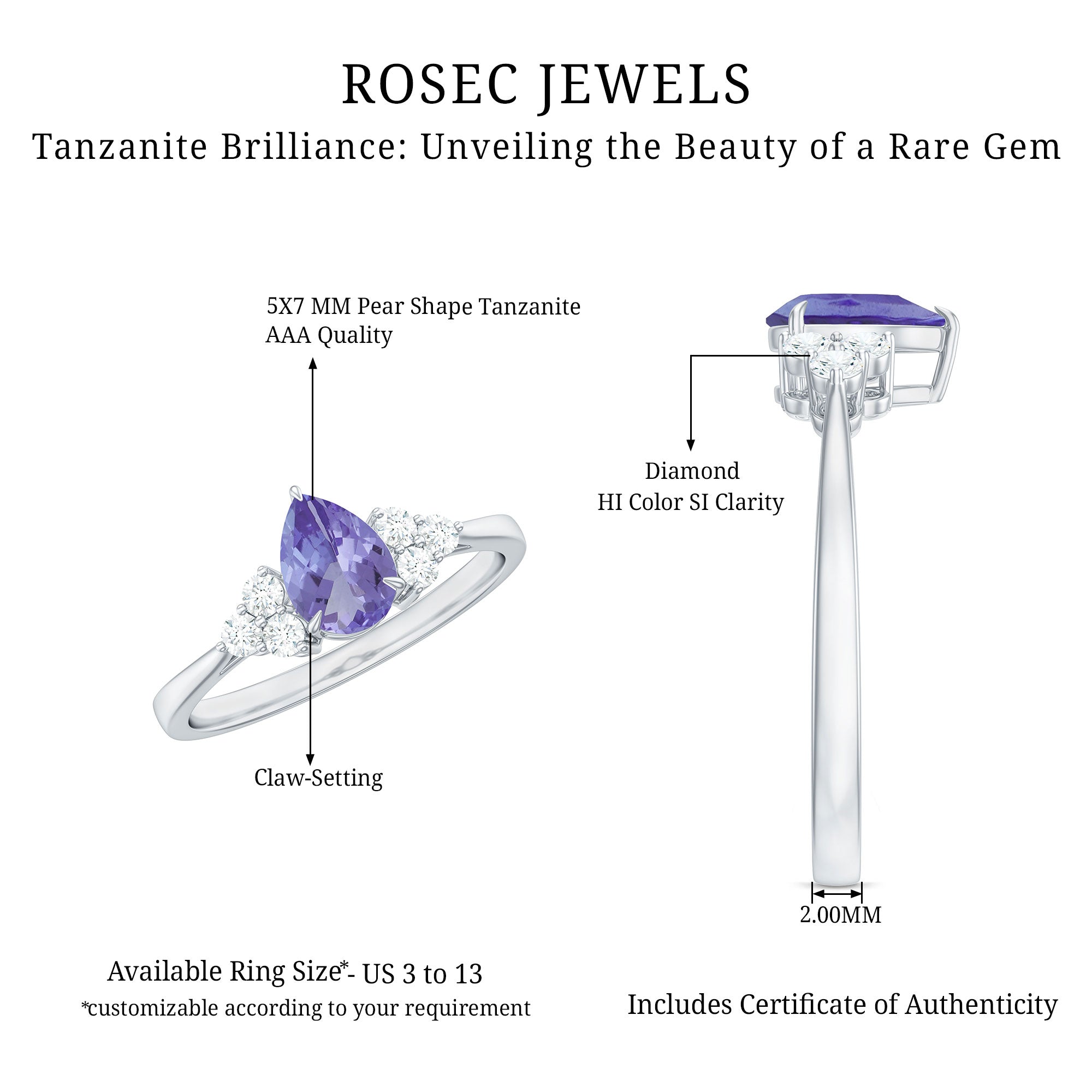 Pear Shaped Tanzanite Solitaire Ring with Diamond Trio AAA - Rosec Jewels