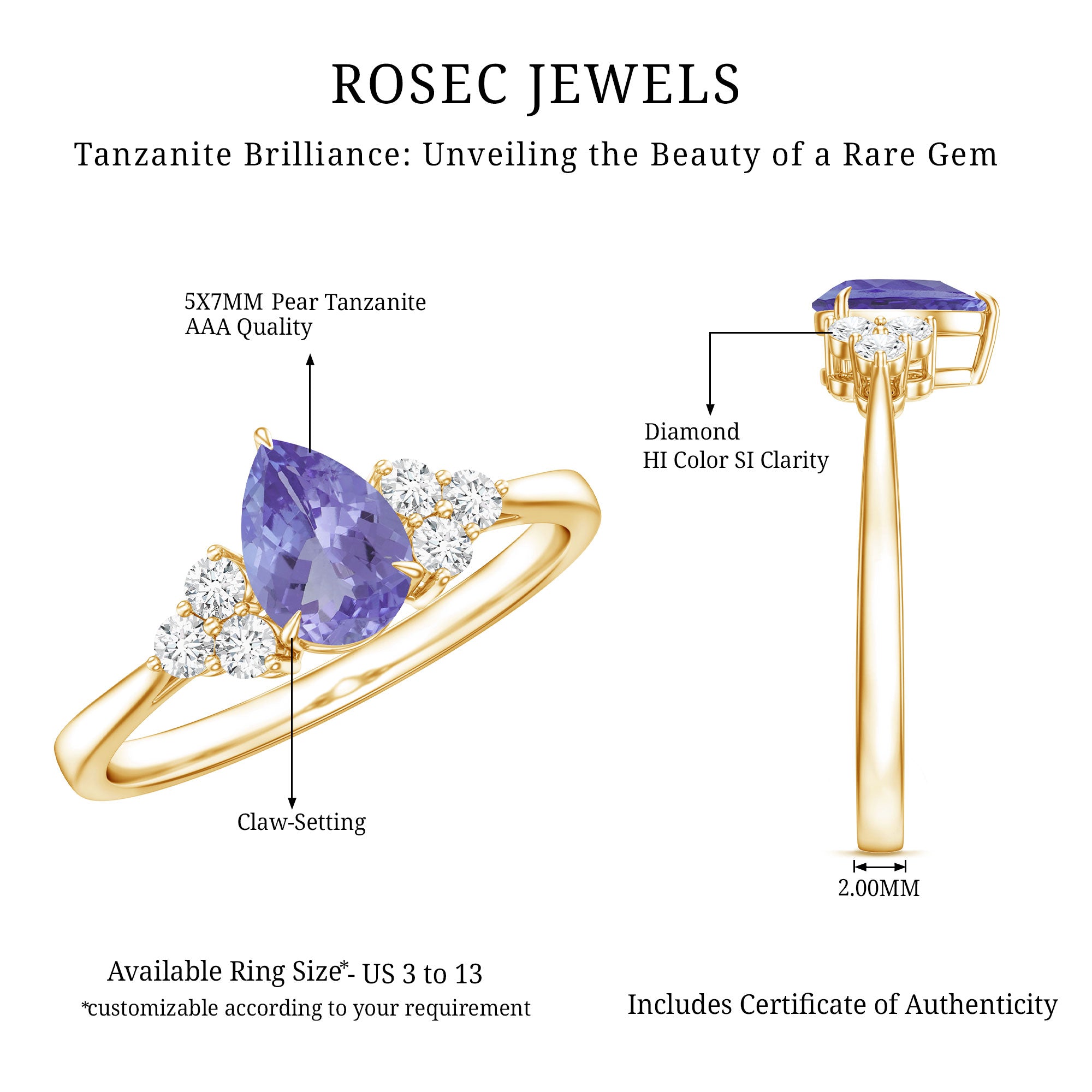 Pear Shaped Tanzanite Solitaire Ring with Diamond Trio AAA - Rosec Jewels