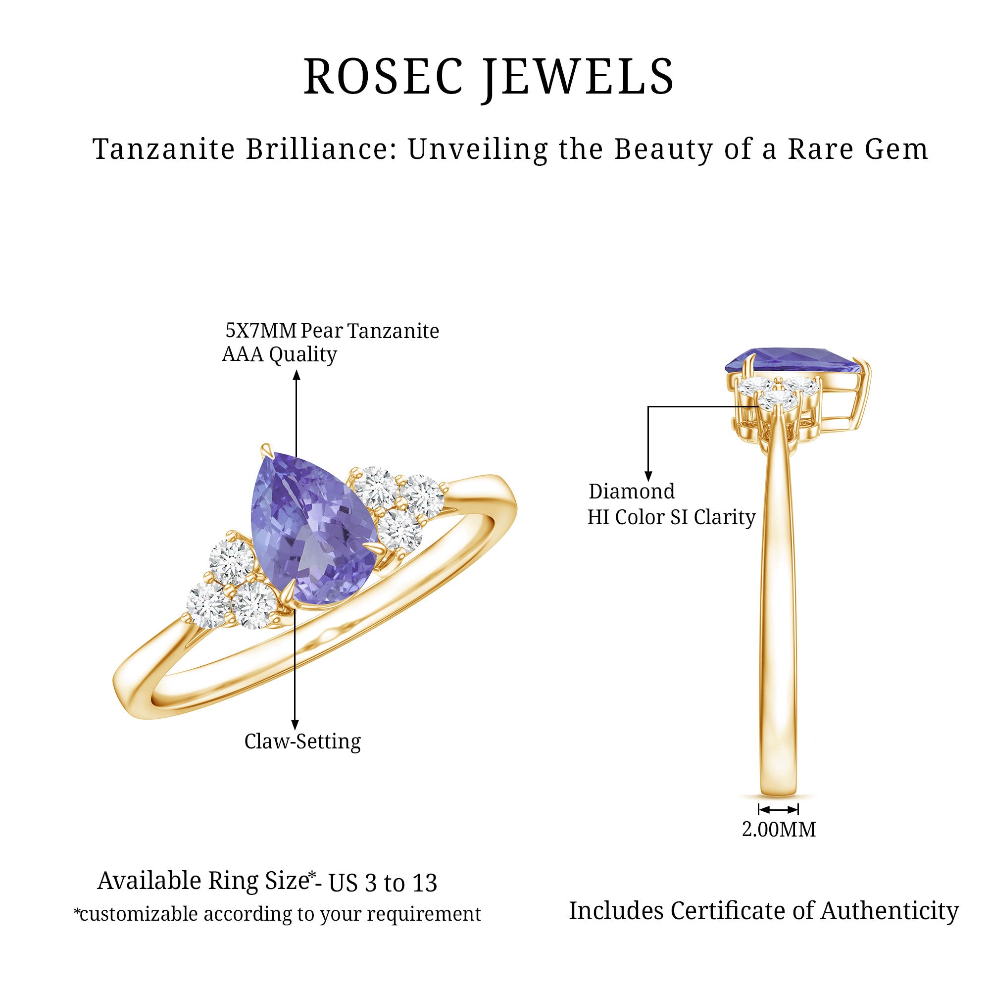 Pear Shaped Tanzanite Solitaire Ring with Diamond Trio AAA - Rosec Jewels