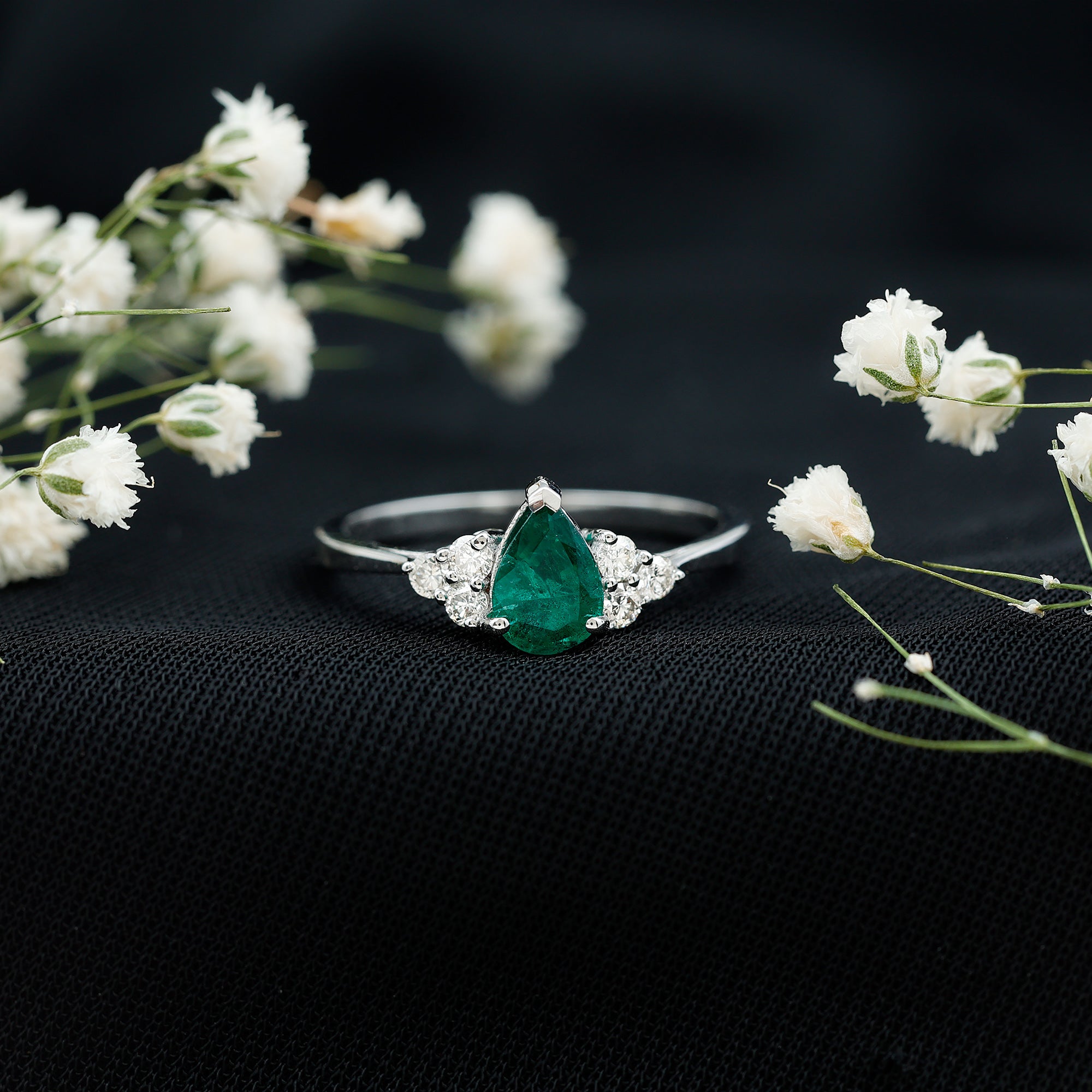 5X7mm AAA Quality Pear Shape Emerald Solitaire Engagement Ring with Diamond Trio AAA - Rosec Jewels