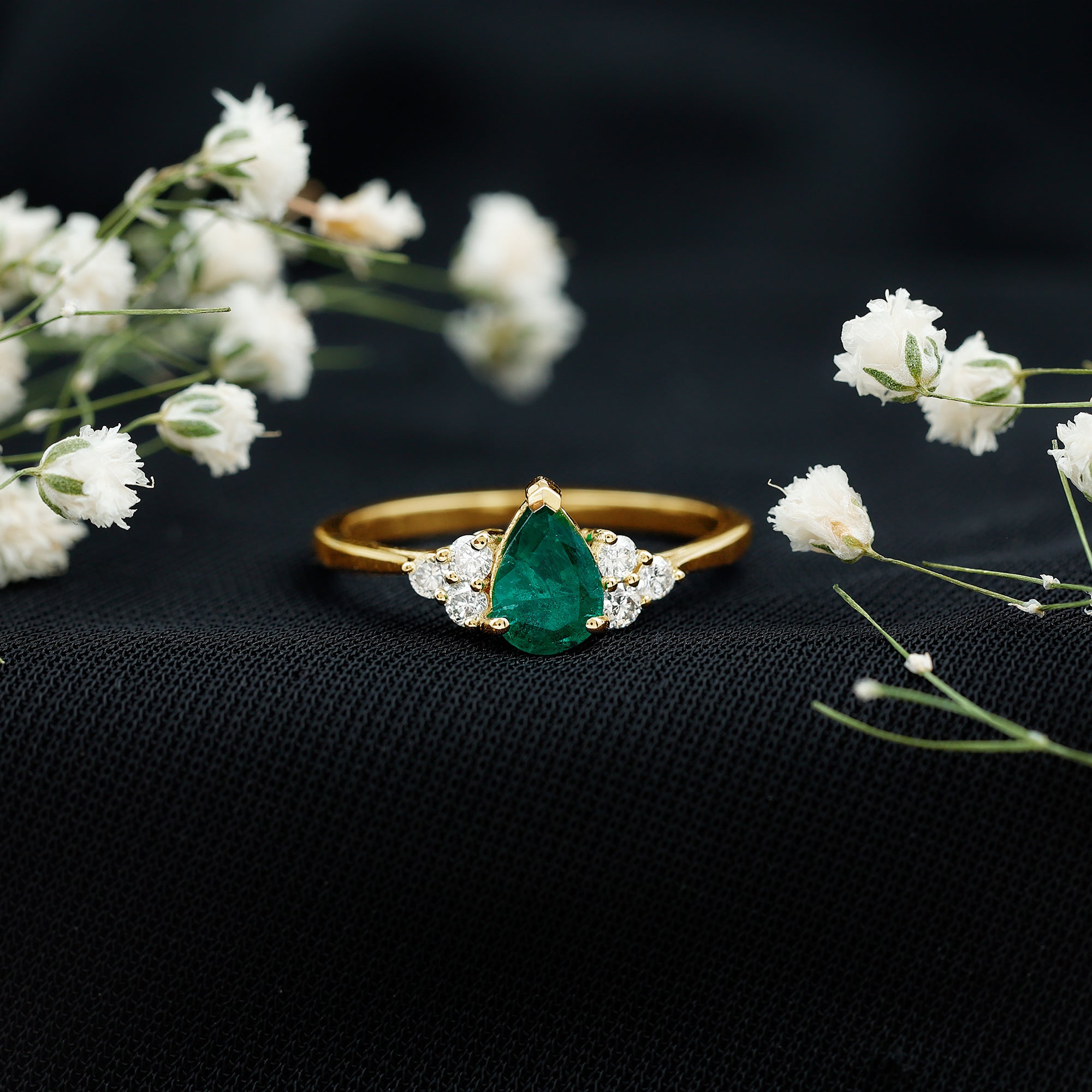 5X7mm AAA Quality Pear Shape Emerald Solitaire Engagement Ring with Diamond Trio AAA - Rosec Jewels