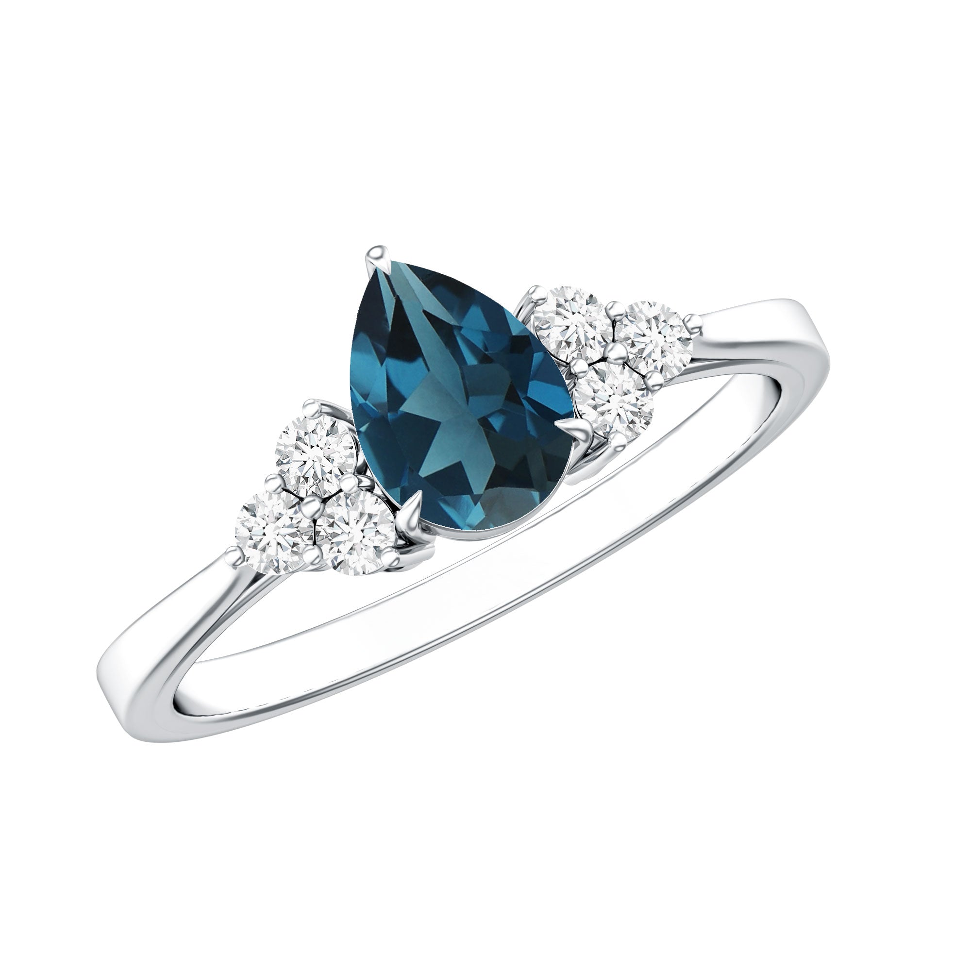 5X7mm Pear Shape London Blue Topaz Engagement Ring with Diamond Trio AAA - Rosec Jewels