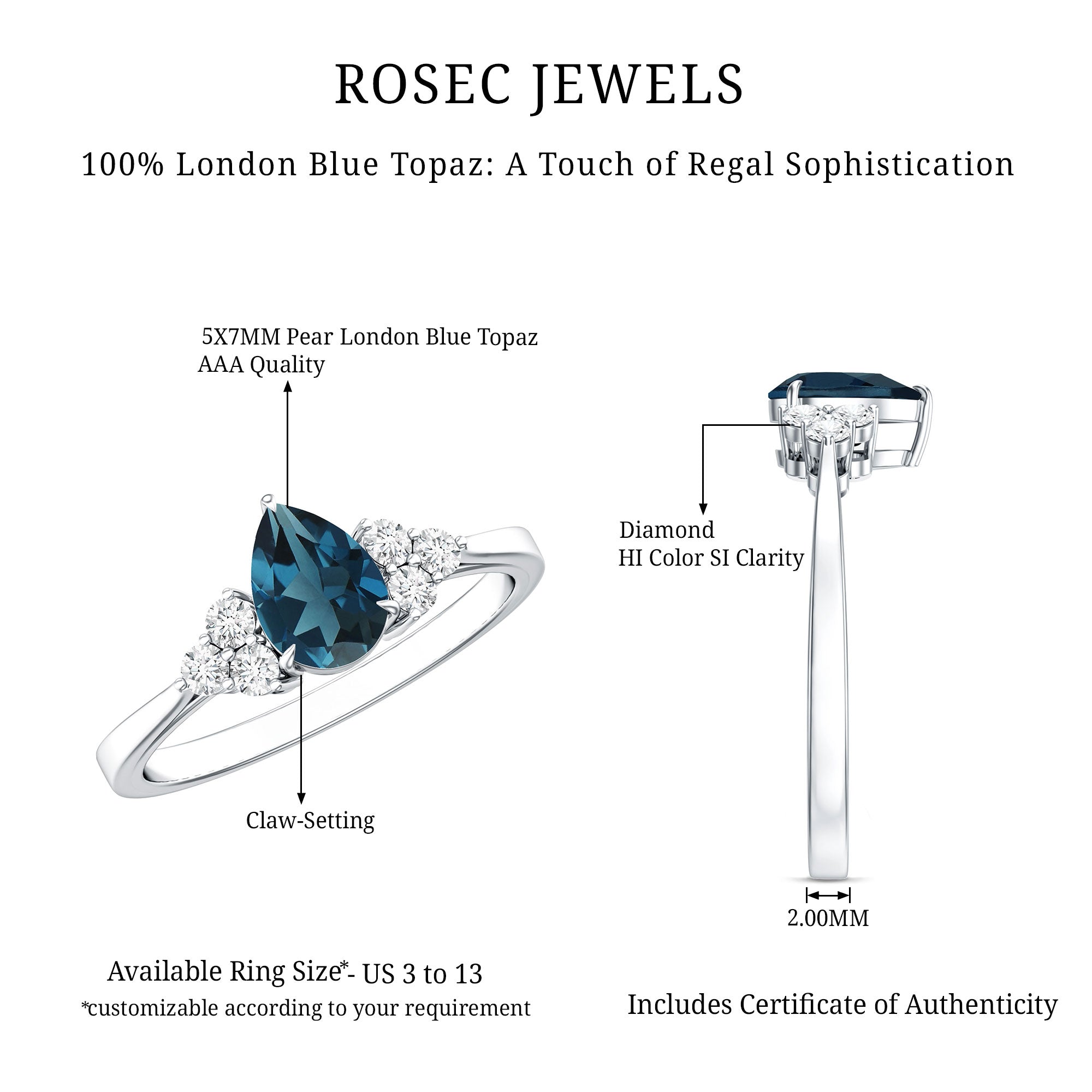 5X7mm Pear Shape London Blue Topaz Engagement Ring with Diamond Trio AAA - Rosec Jewels