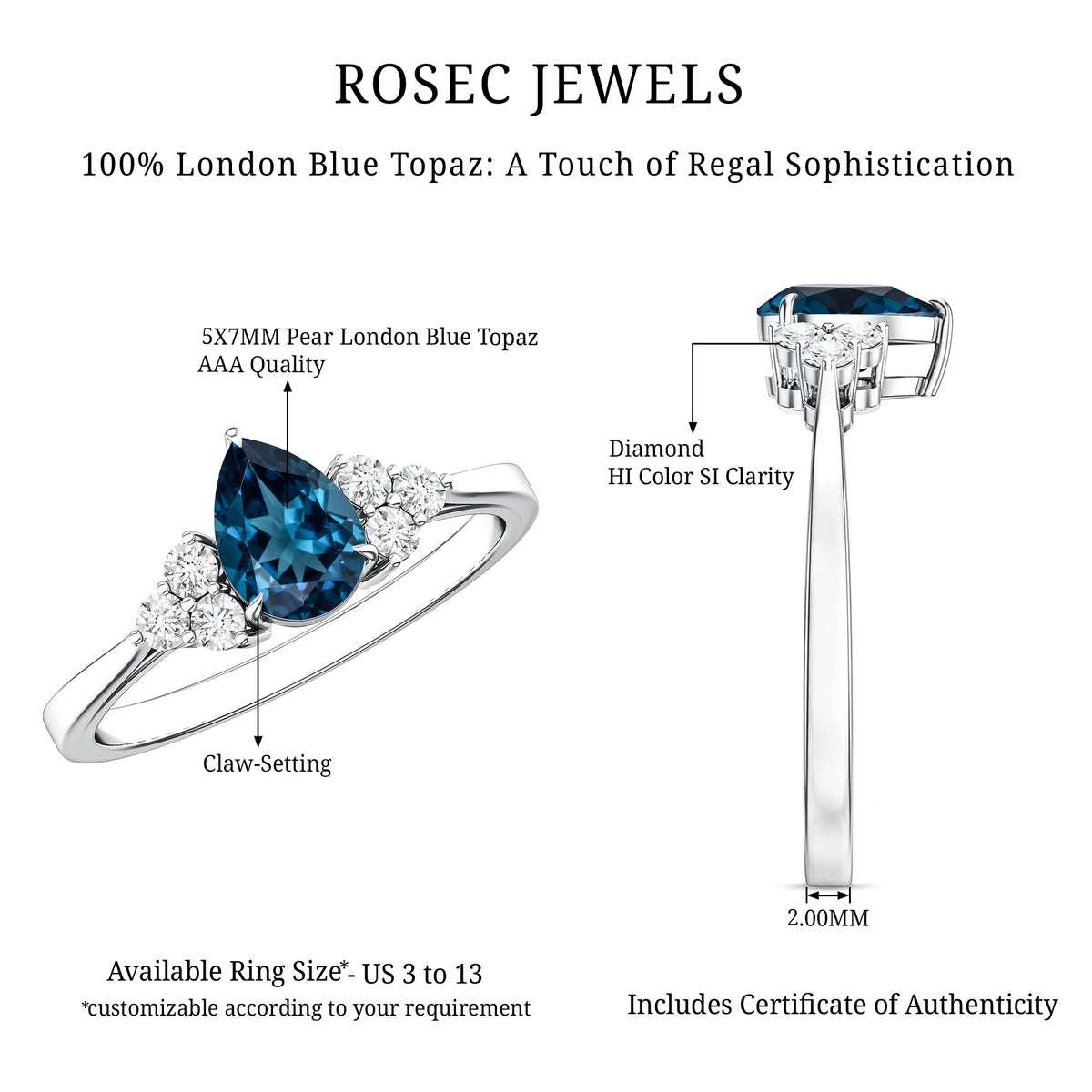 5X7mm Pear Shape London Blue Topaz Engagement Ring with Diamond Trio AAA - Rosec Jewels