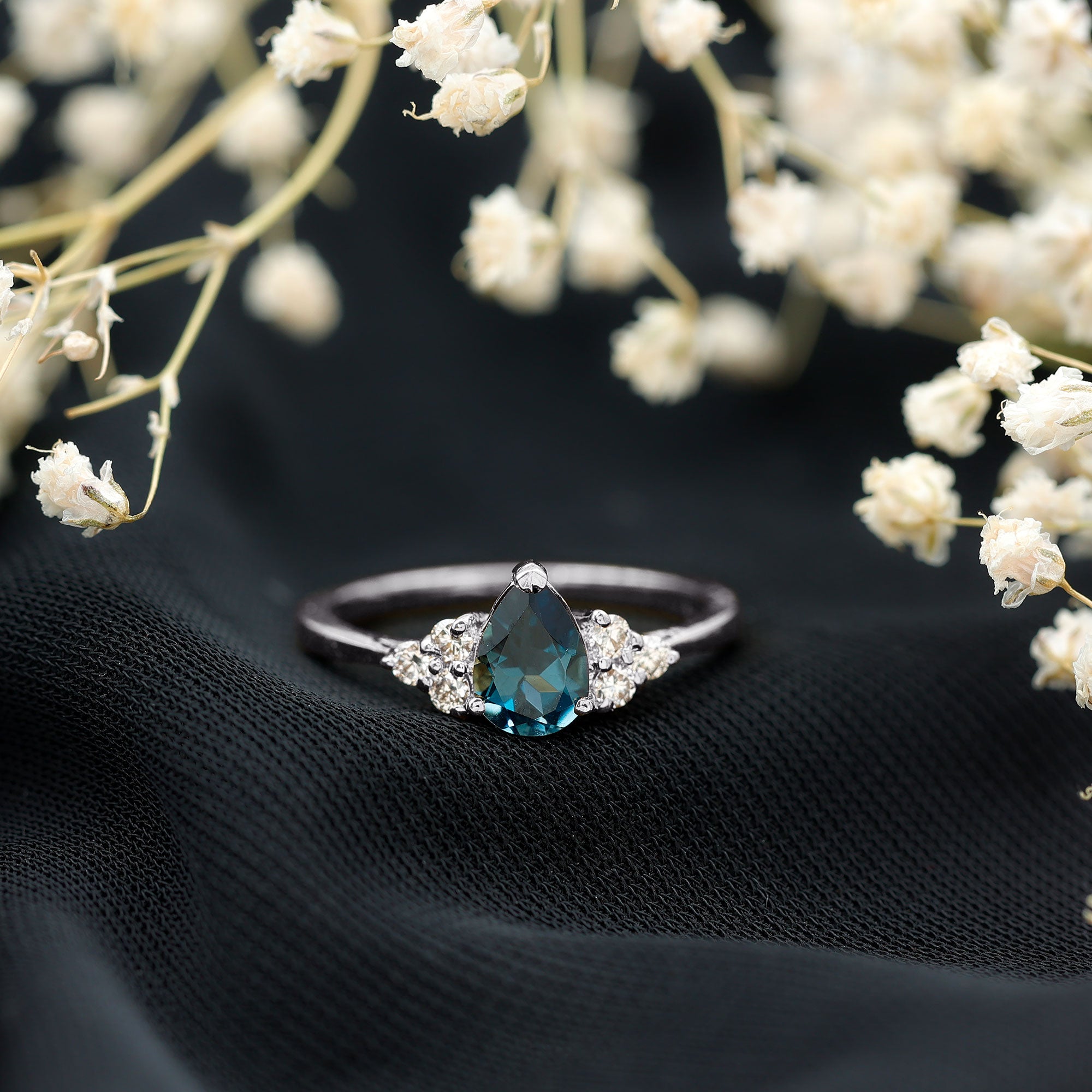 5X7mm Pear Shape London Blue Topaz Engagement Ring with Diamond Trio AAA - Rosec Jewels
