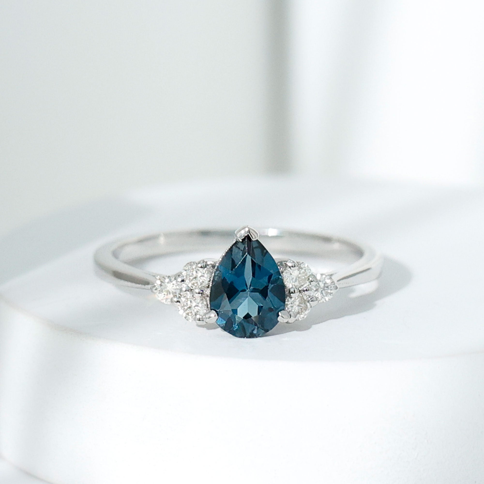 5X7mm Pear Shape London Blue Topaz Engagement Ring with Diamond Trio AAA - Rosec Jewels