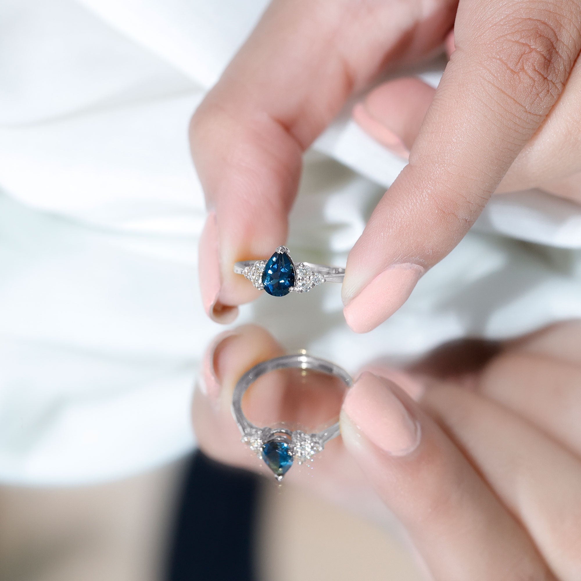 5X7mm Pear Shape London Blue Topaz Engagement Ring with Diamond Trio AAA - Rosec Jewels