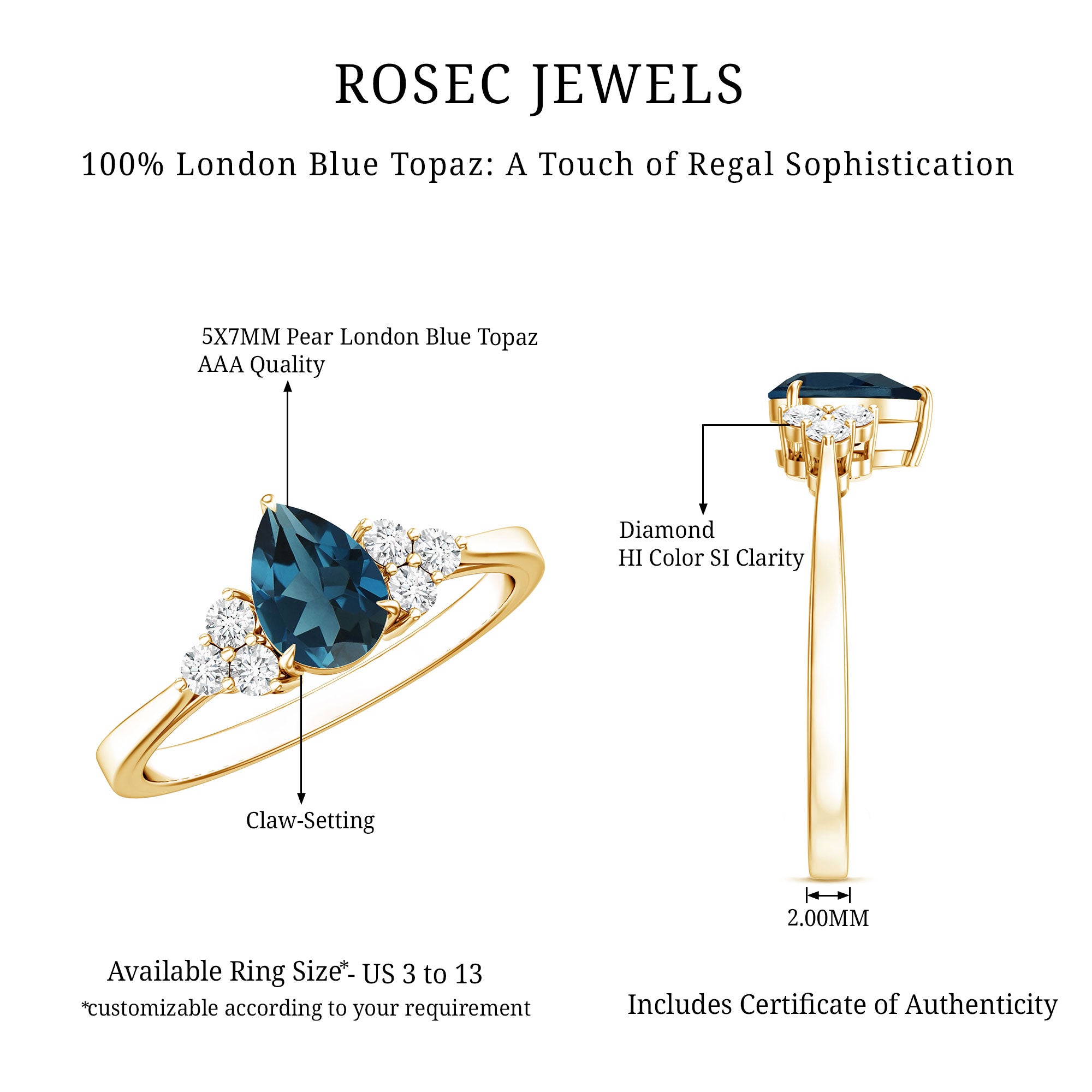 5X7mm Pear Shape London Blue Topaz Engagement Ring with Diamond Trio AAA - Rosec Jewels