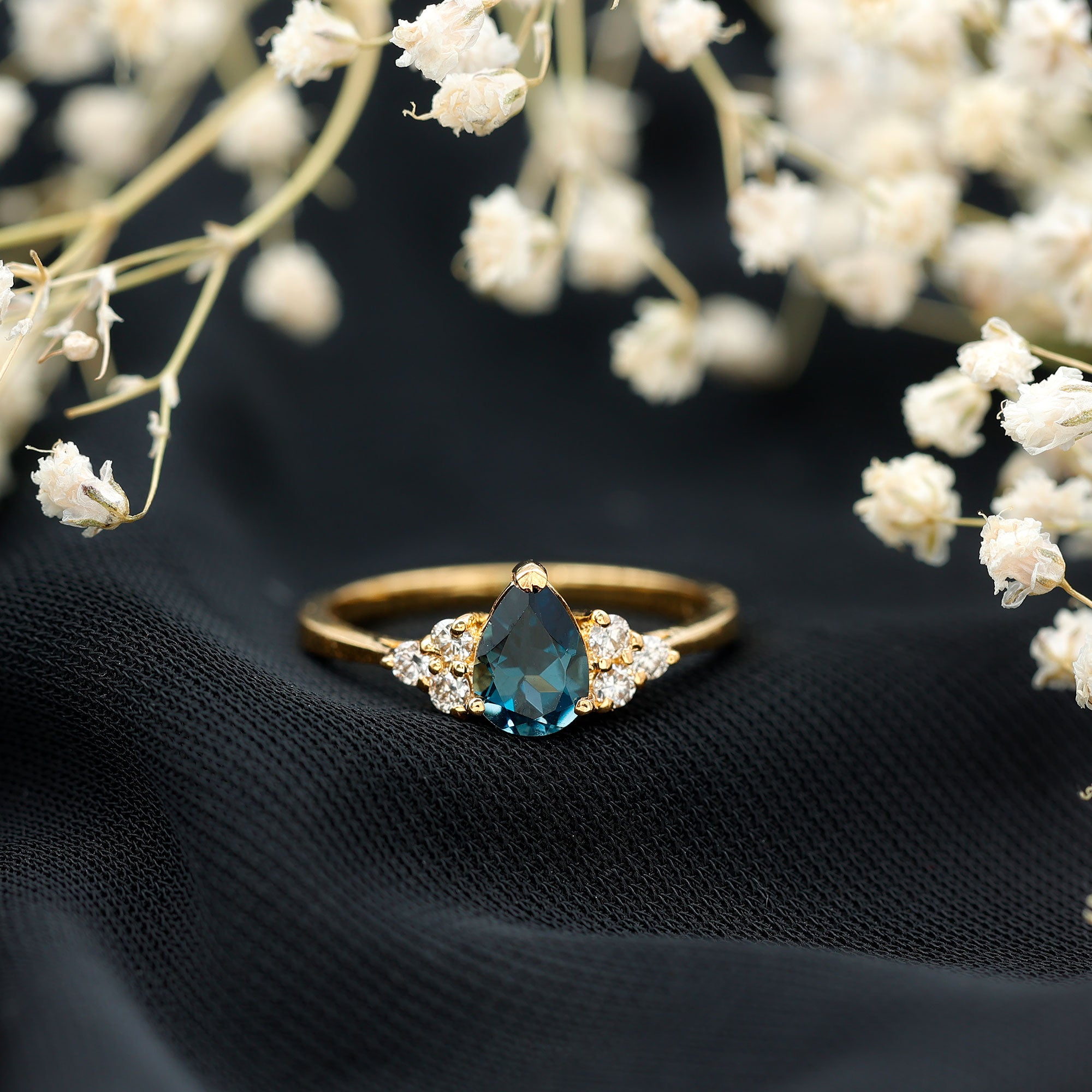5X7mm Pear Shape London Blue Topaz Engagement Ring with Diamond Trio AAA - Rosec Jewels