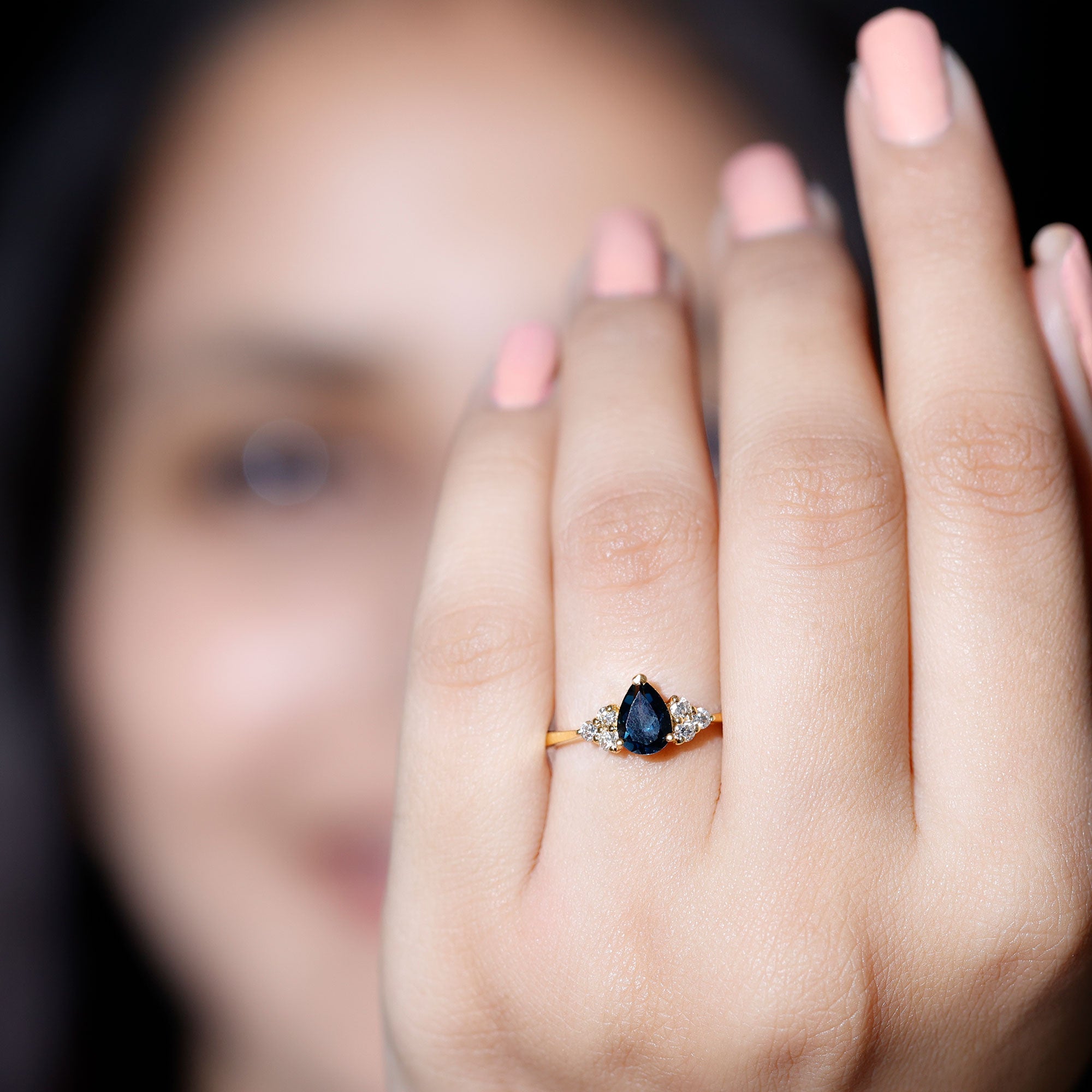 5X7mm Pear Shape London Blue Topaz Engagement Ring with Diamond Trio AAA - Rosec Jewels