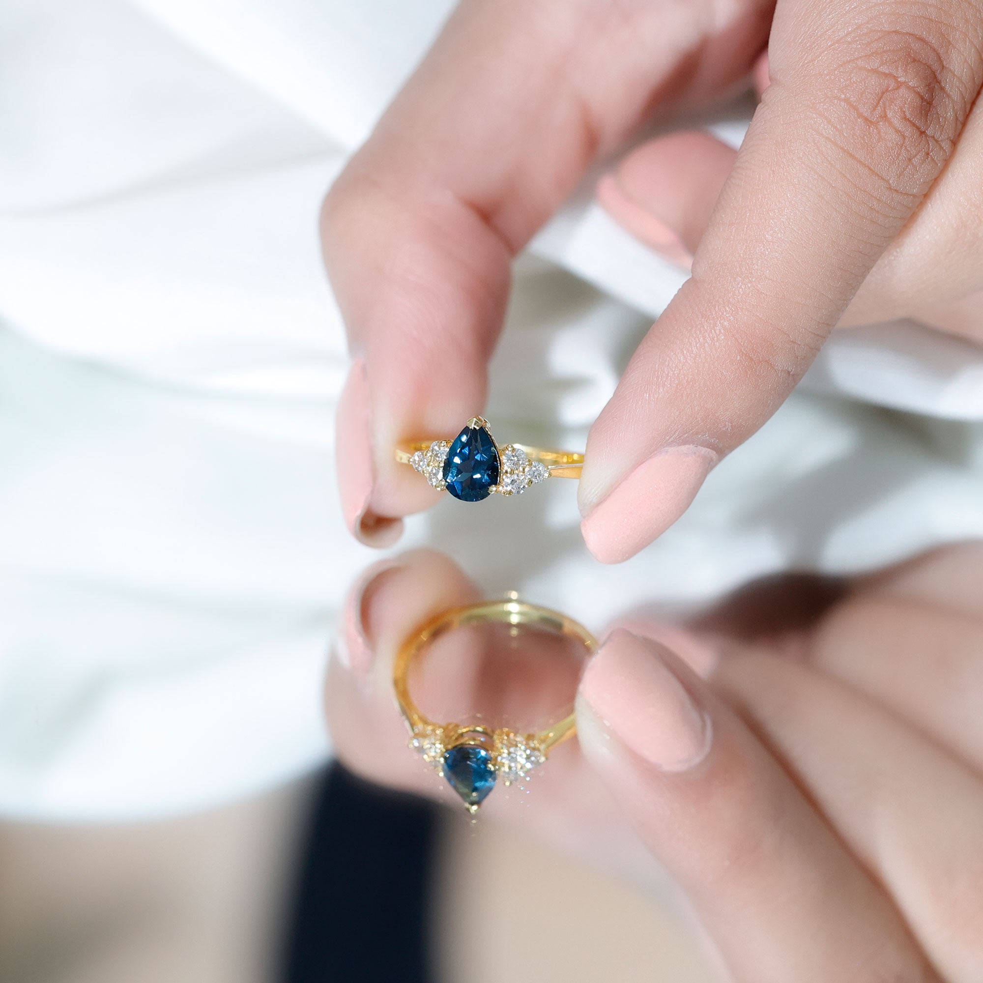 5X7mm Pear Shape London Blue Topaz Engagement Ring with Diamond Trio AAA - Rosec Jewels