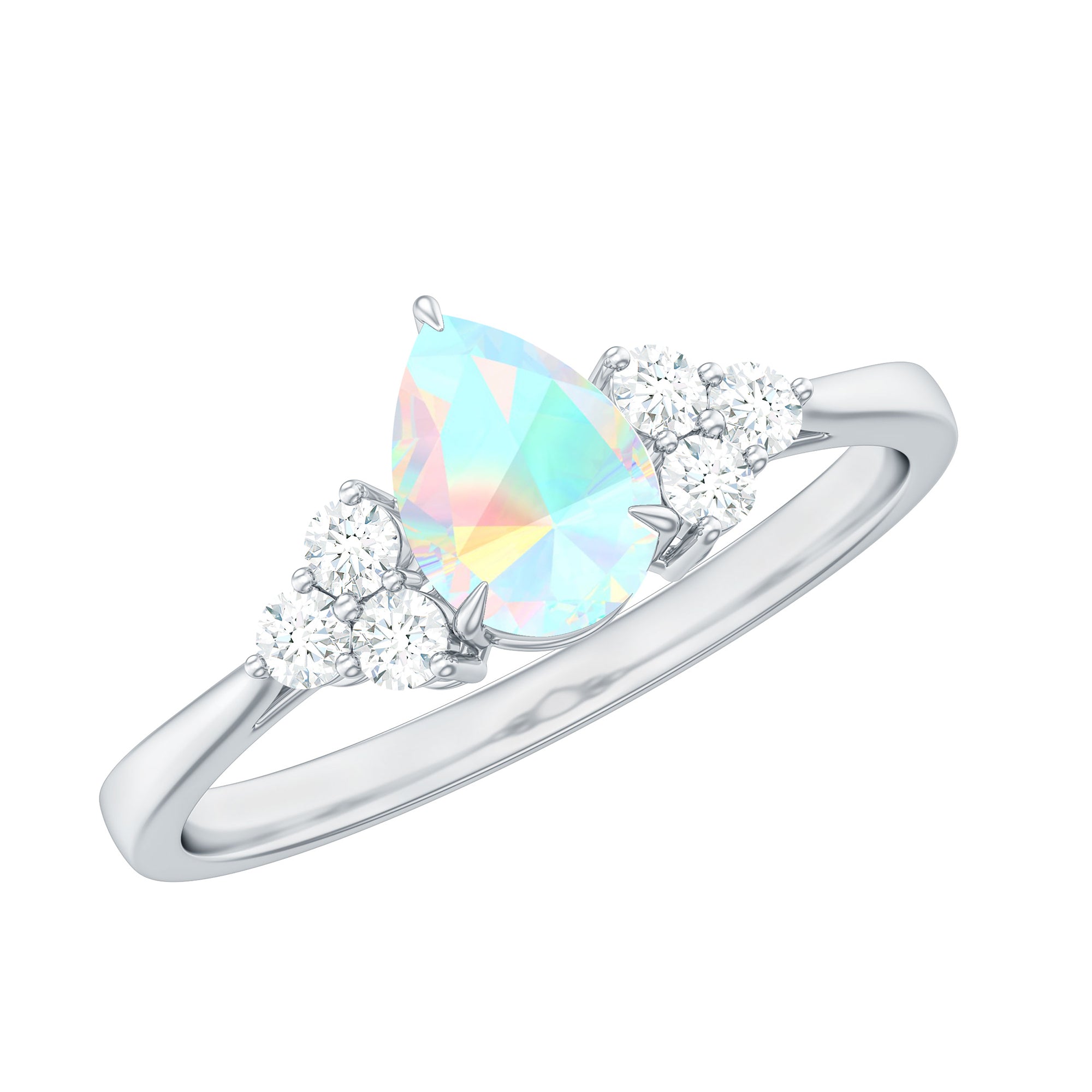 Certified Real Opalescent Pear Shaped Engagement Ring with Diamond Trio