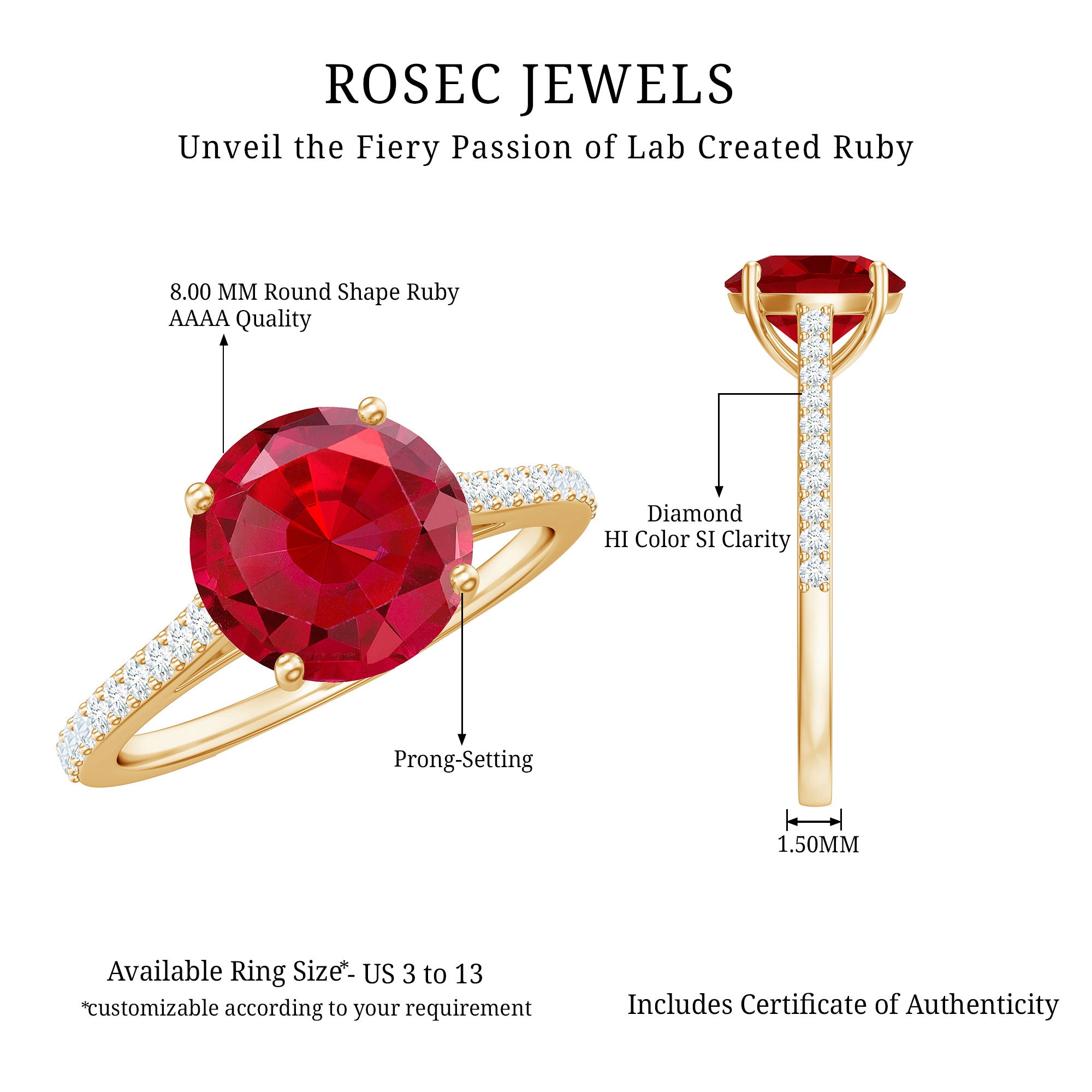 Certified Lab Ruby Solitaire Engagement Ring with Diamonds AAAA - Rosec Jewels