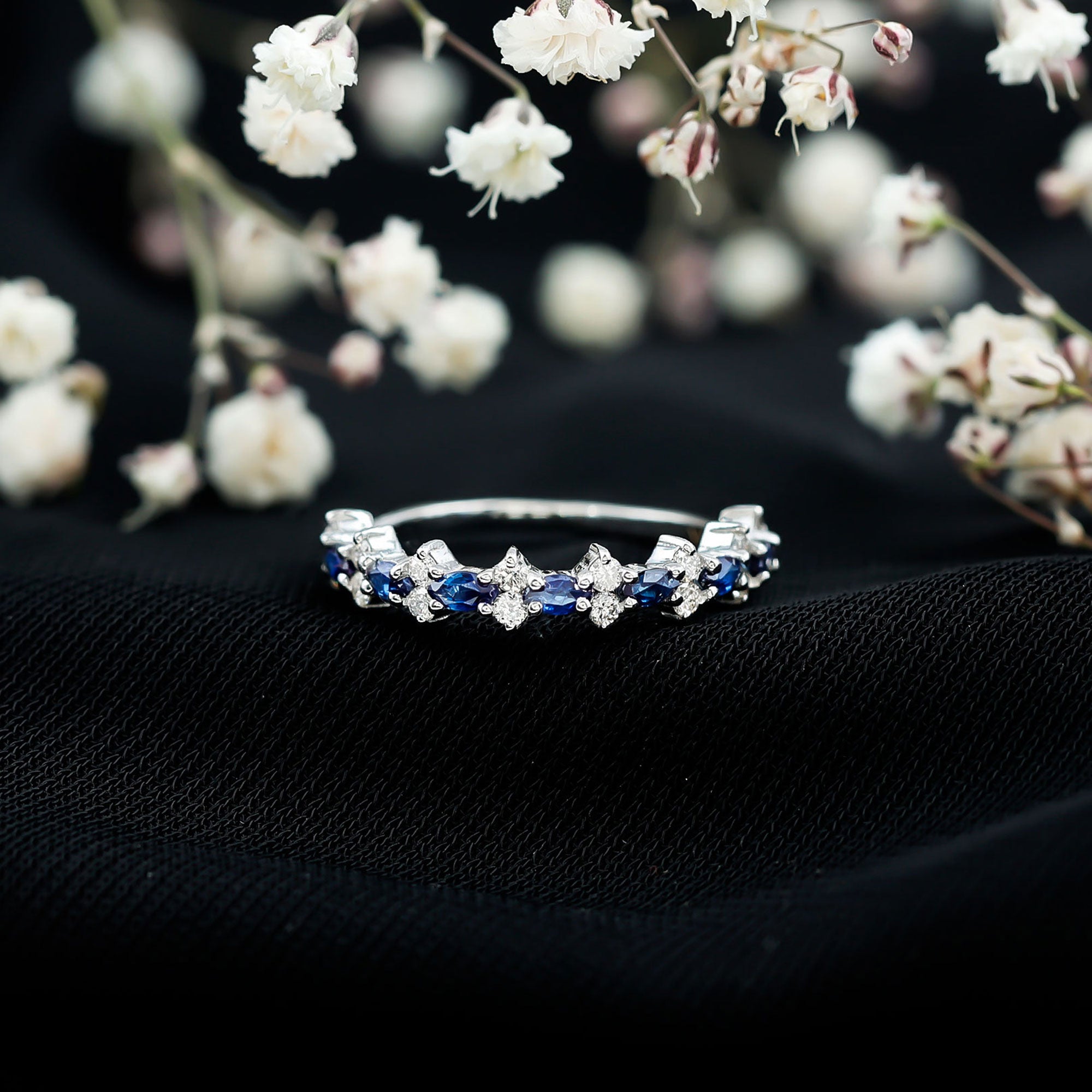 Real Blue Sapphire and Diamond Half Eternity Ring for Women AAA - Rosec Jewels