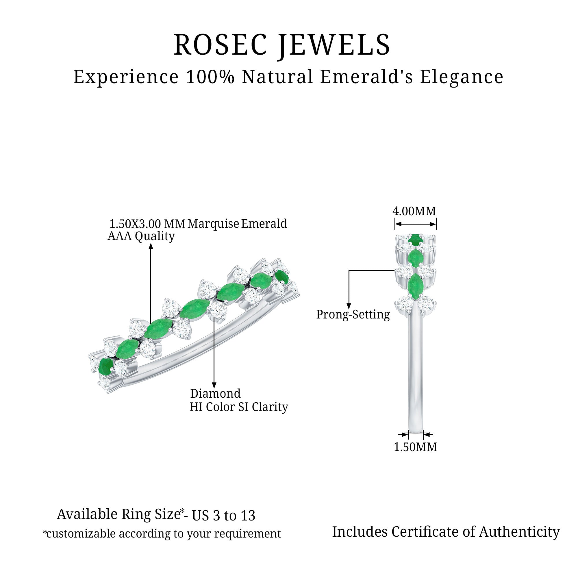 Genuine Emerald and Diamond Half Eternity Ring for Women AAA - Rosec Jewels