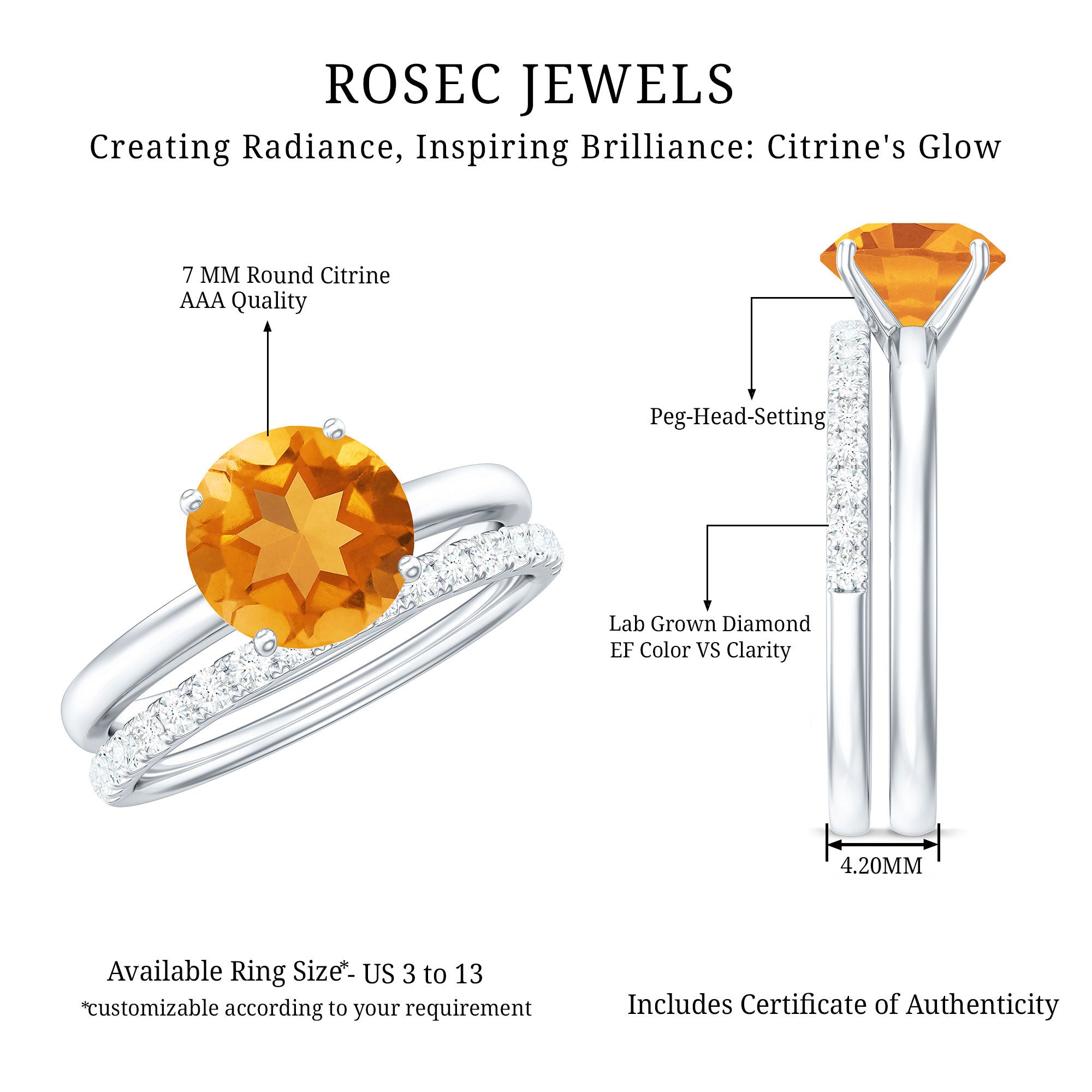 Natural Citrine Wedding Bridal Ring Set with Diamond AAA - Rosec Jewels